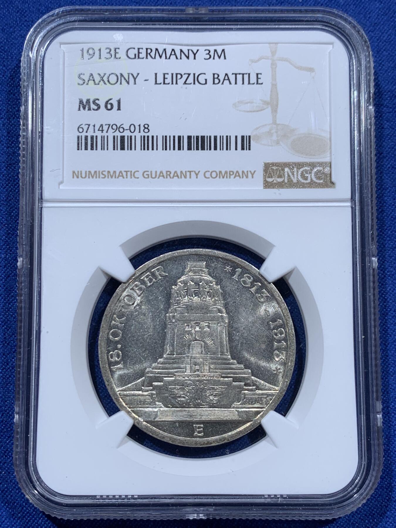 《竞宝斋》第360场 周日，周一  2场连拍 （全场包邮） NGC MS61 德国1913年萨克森建功碑3马克银币
