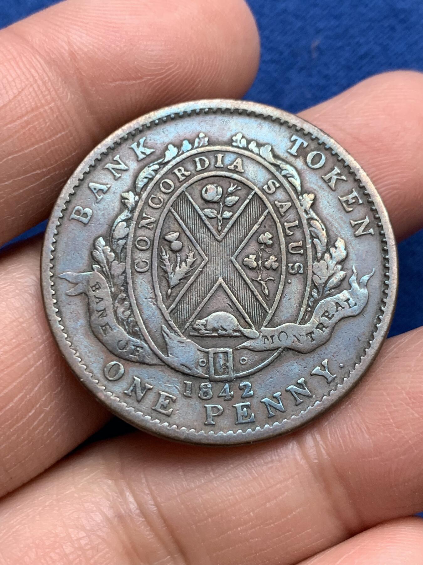 《竞宝斋》第360场 周日，周一  2场连拍 （全场包邮） 加拿大1842年下加拿大蒙特利尔银行1便士代币Token铜币，少见品种，克劳斯目录收录