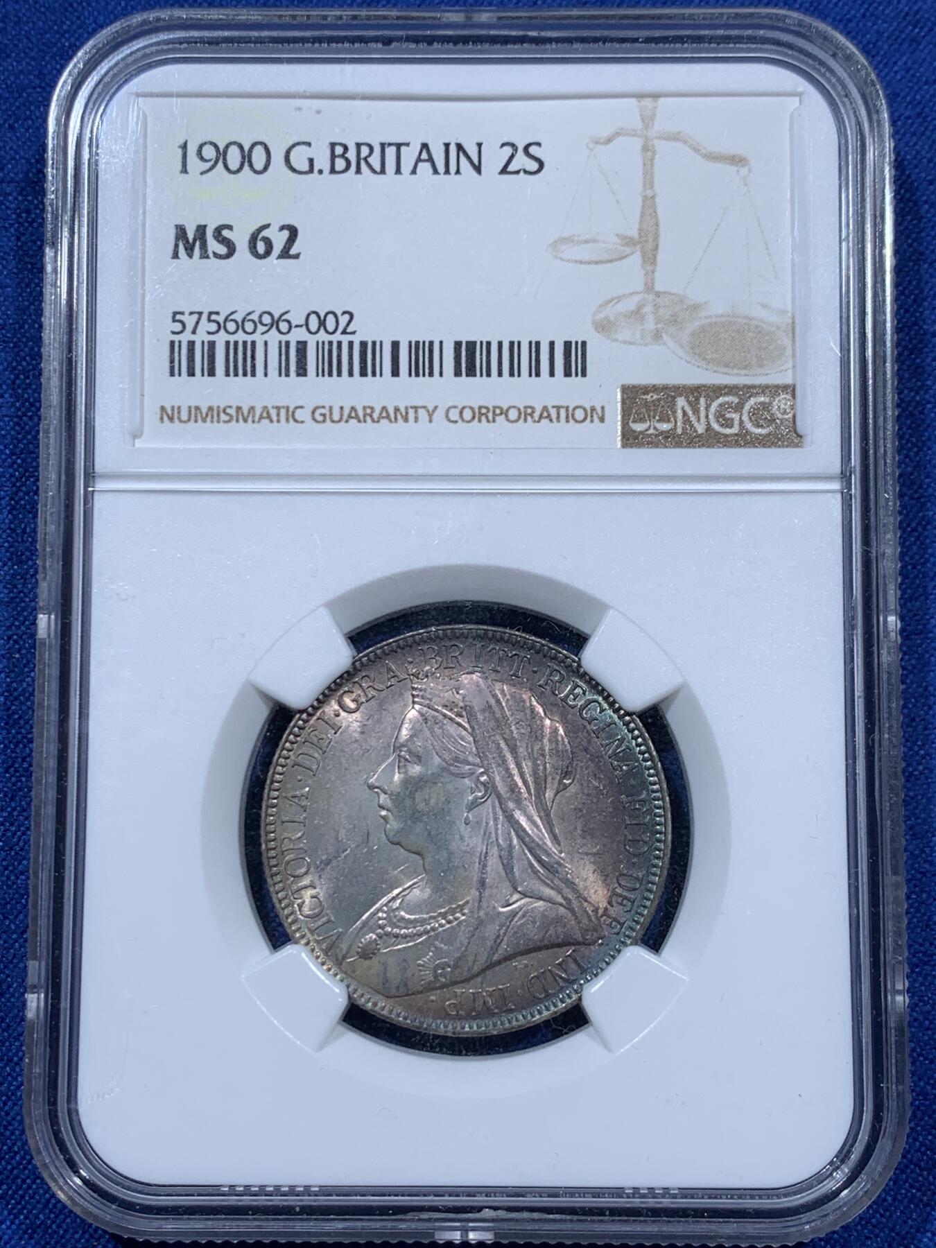 《竞宝斋》第360场 周日，周一  2场连拍 （全场包邮） NGC MS62 英国老维1900年2先令（1福洛林）银币 低评好彩