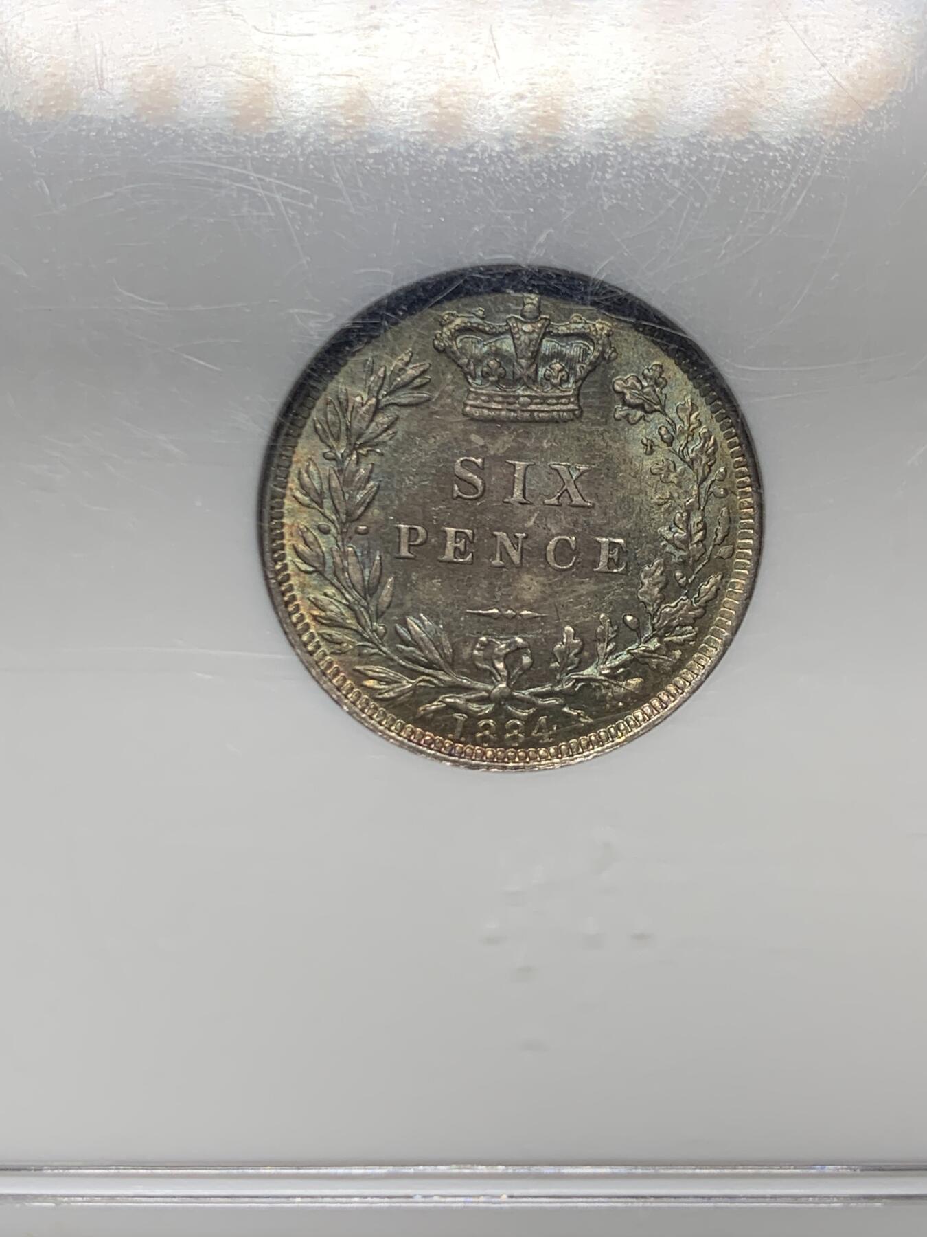 《竞宝斋》第360场 周日，周一  2场连拍 （全场包邮） NGC MS64 英国 1884年 维多利亚 6便士 银币 原味英伦包浆 老白盒 品质不输65