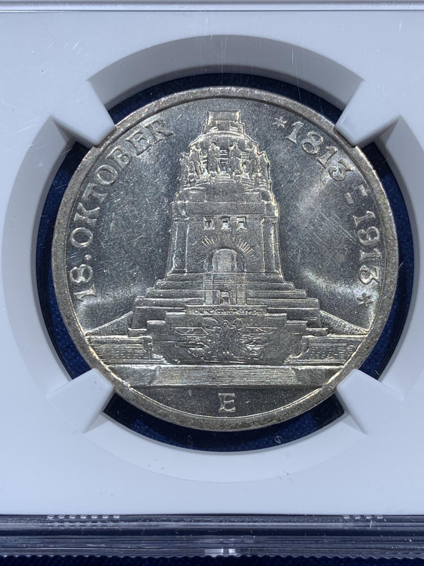 《竞宝斋》第360场 周日，周一  2场连拍 （全场包邮） NGC MS61 德国1913年萨克森建功碑3马克银币