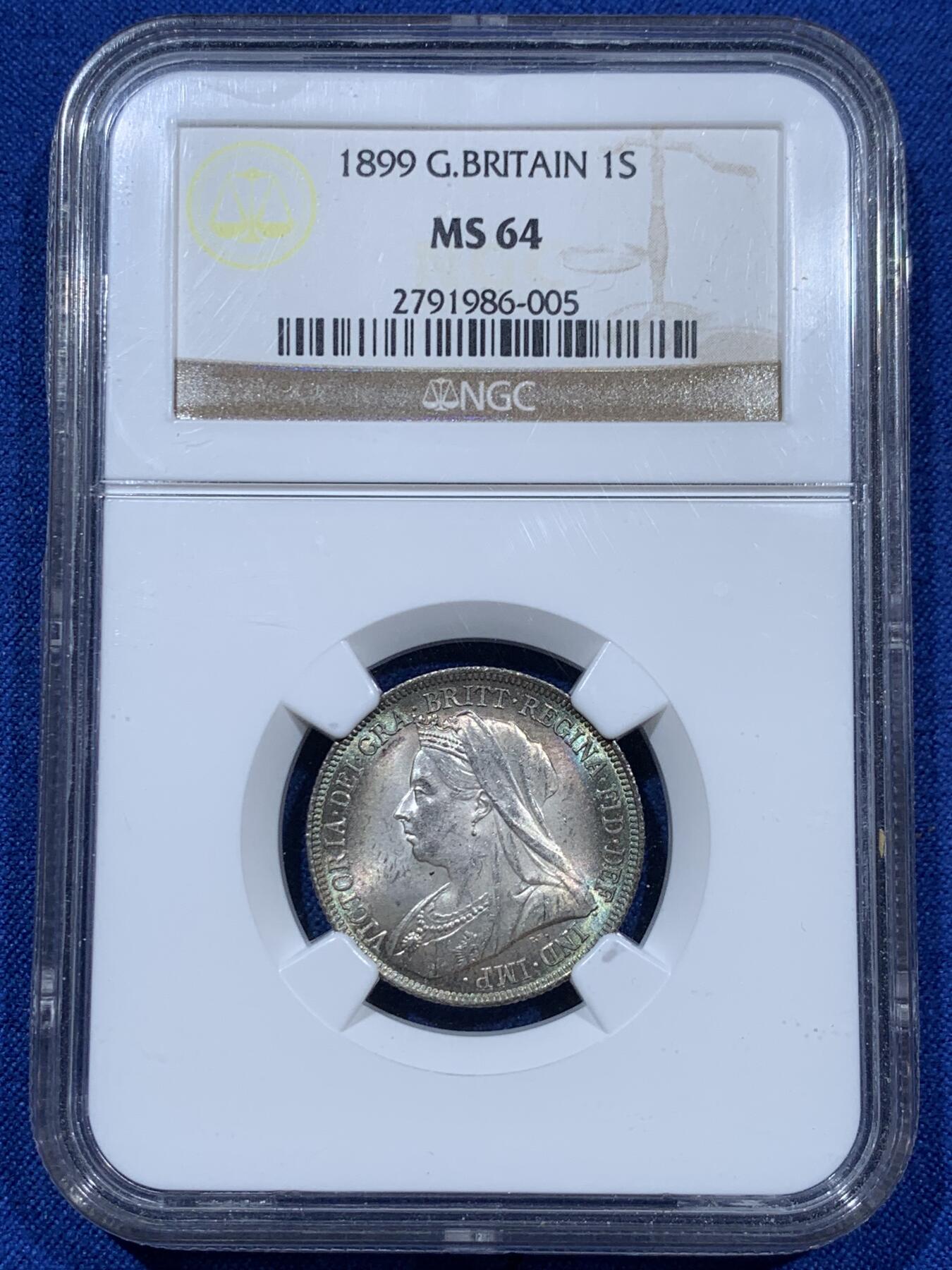 《竞宝斋》第360场 周日，周一  2场连拍 （全场包邮） NGC MS64 英国 1899年 维多利亚 披纱 1先令 银币 原光五彩