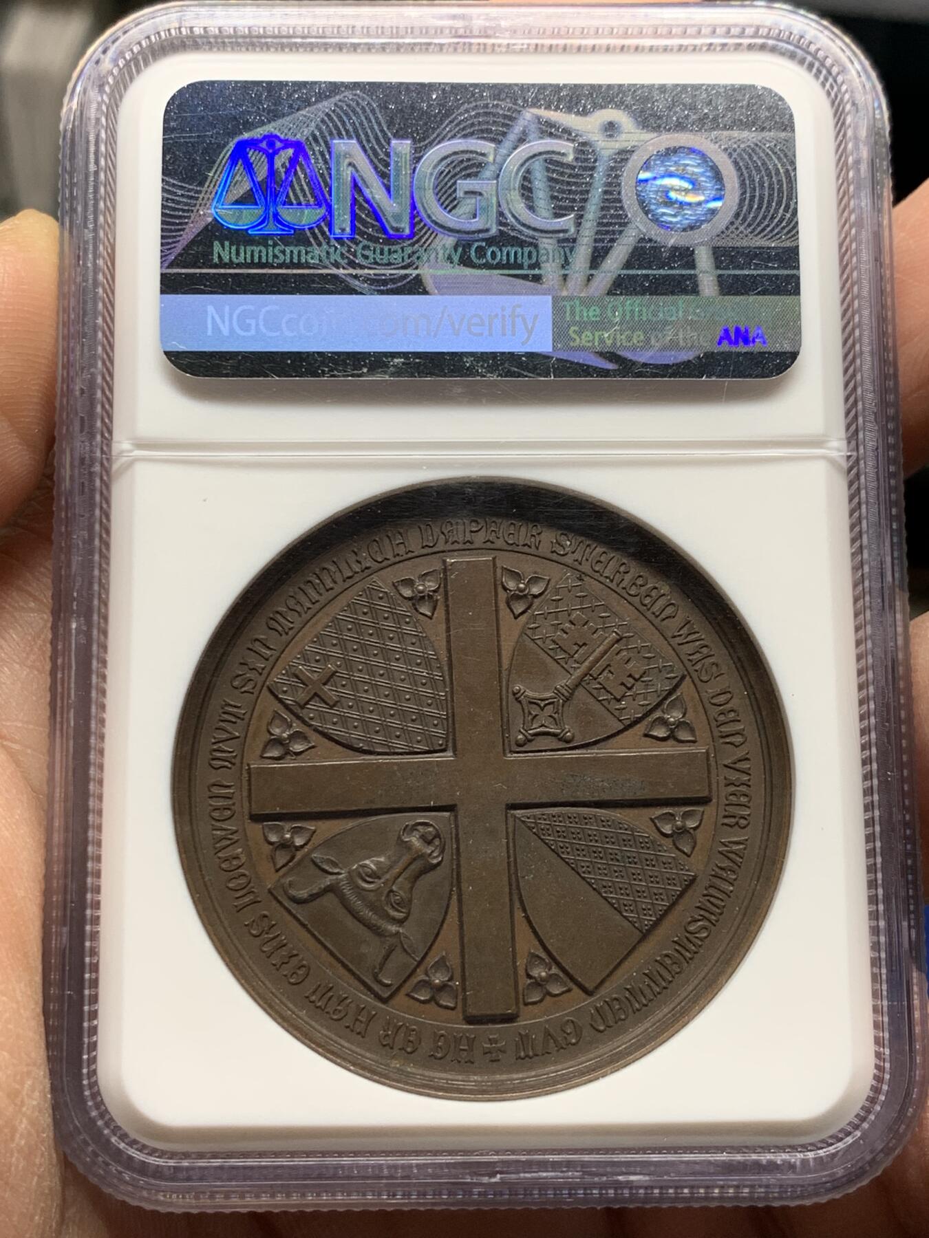 《竞宝斋》第360场 周日，周一  2场连拍 （全场包邮） NGC MS64BN 瑞士1886年森帕赫战役铜章 高浮雕 加厚盒