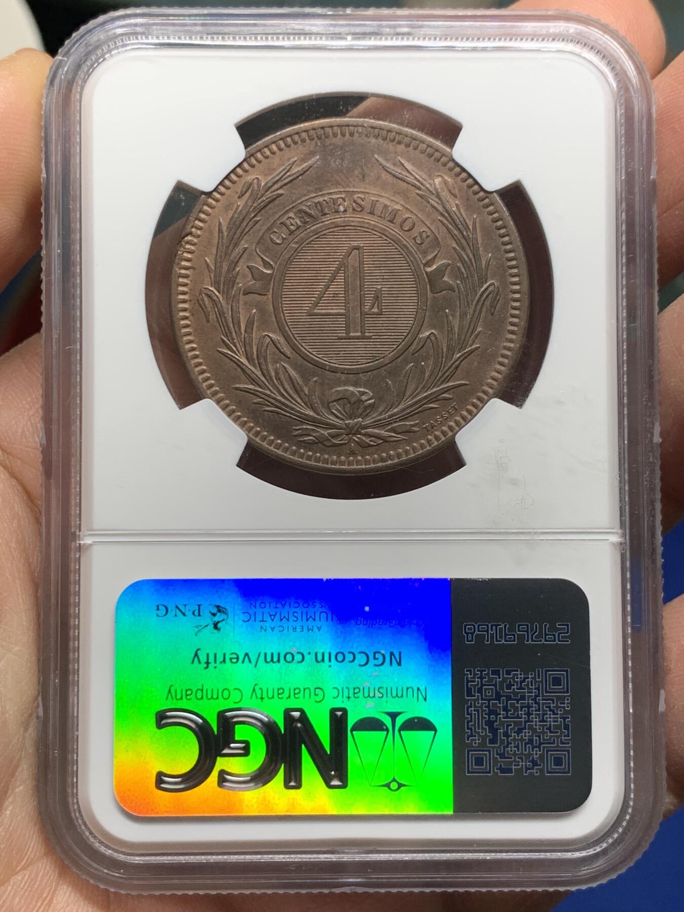 《竞宝斋》第360场 周日，周一  2场连拍 （全场包邮） NGC UNC 1869A 乌拉圭4分大铜币，稀少版别知名的A厂出品发行量最少， 币面笑脸高点俱在，细节到位，值得拥有。