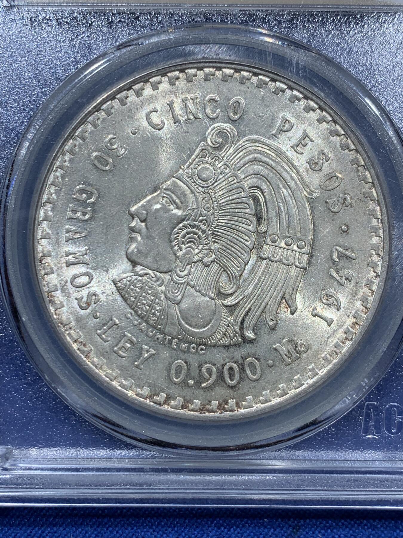 《竞宝斋》第360场 周日，周一  2场连拍 （全场包邮） 爱藏 MS61 墨西哥1947年印第安酋长大银币，900高银，转光闪闪，1947年铸造量仅为1948年份的五分之一。