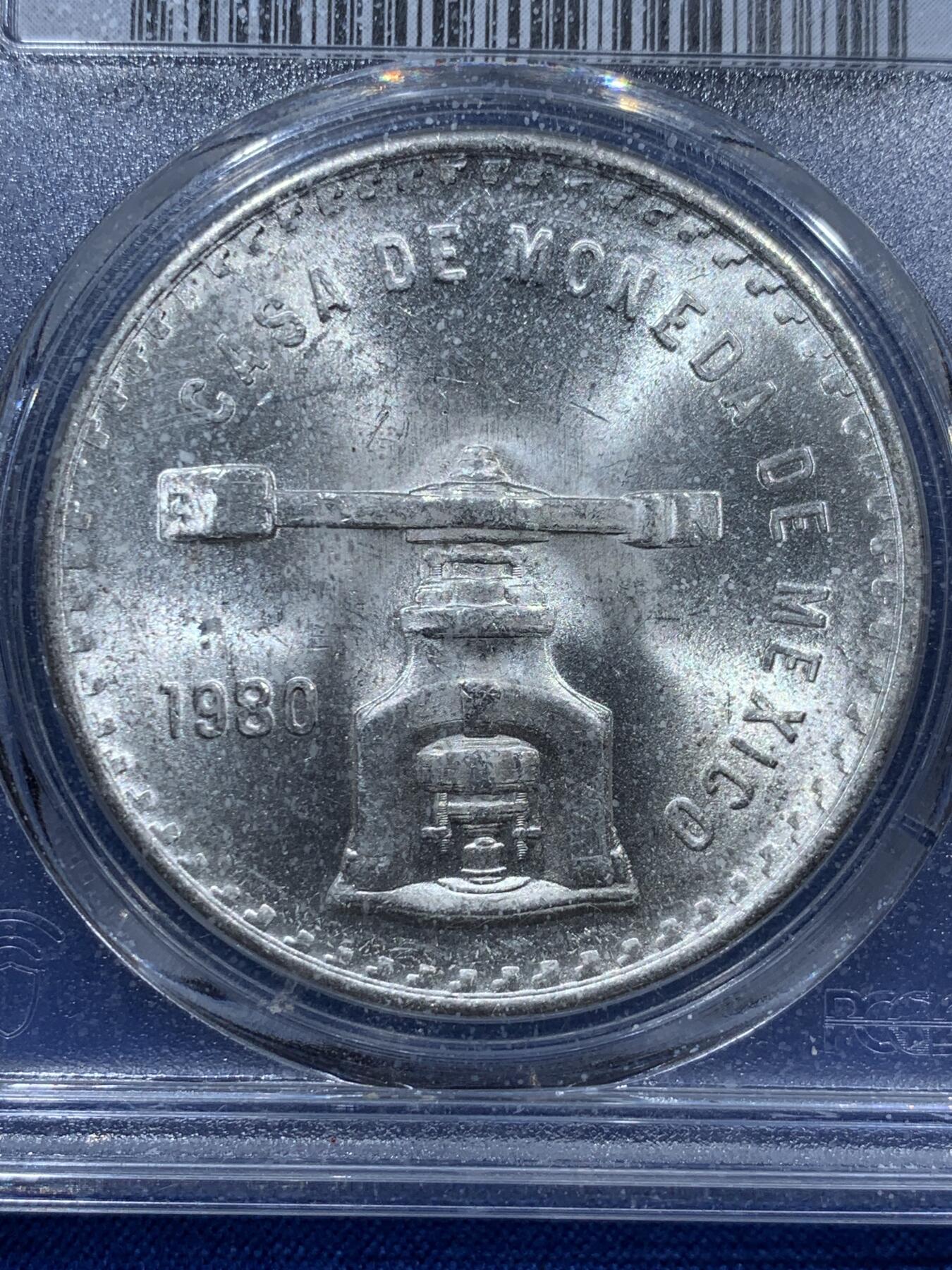《竞宝斋》第361场 周日，周一  2场连拍 （全场包邮） PCGS MS63 墨西哥1980年天平铸币机一盎司大银币