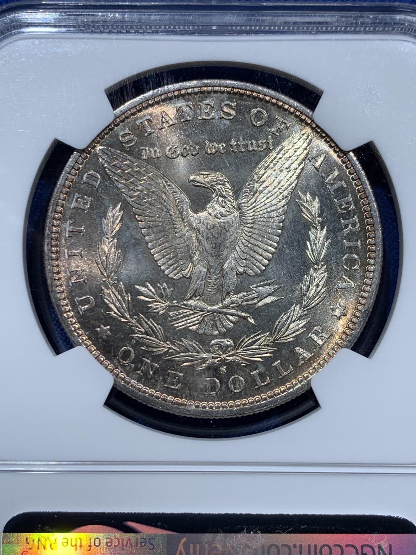 《竞宝斋》第361场 周日，周一  2场连拍 （全场包邮） NGC MS64 美国1882年摩根1美元银币 S版 PL底板带点彩光 状态非常好