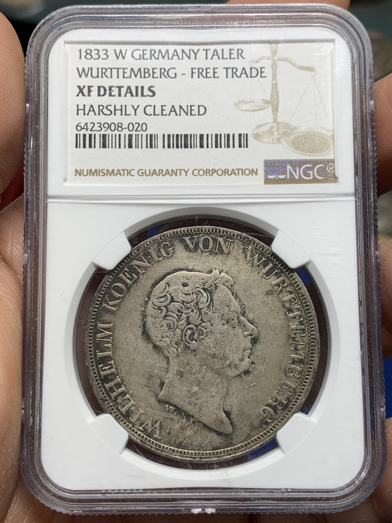 《竞宝斋》第361场 周日，周一  2场连拍 （全场包邮） NGC XFD 德国1833年W版符腾堡威廉一世头像拿花女神纪念自由贸易协定泰勒银币 品种少见 状态如图
