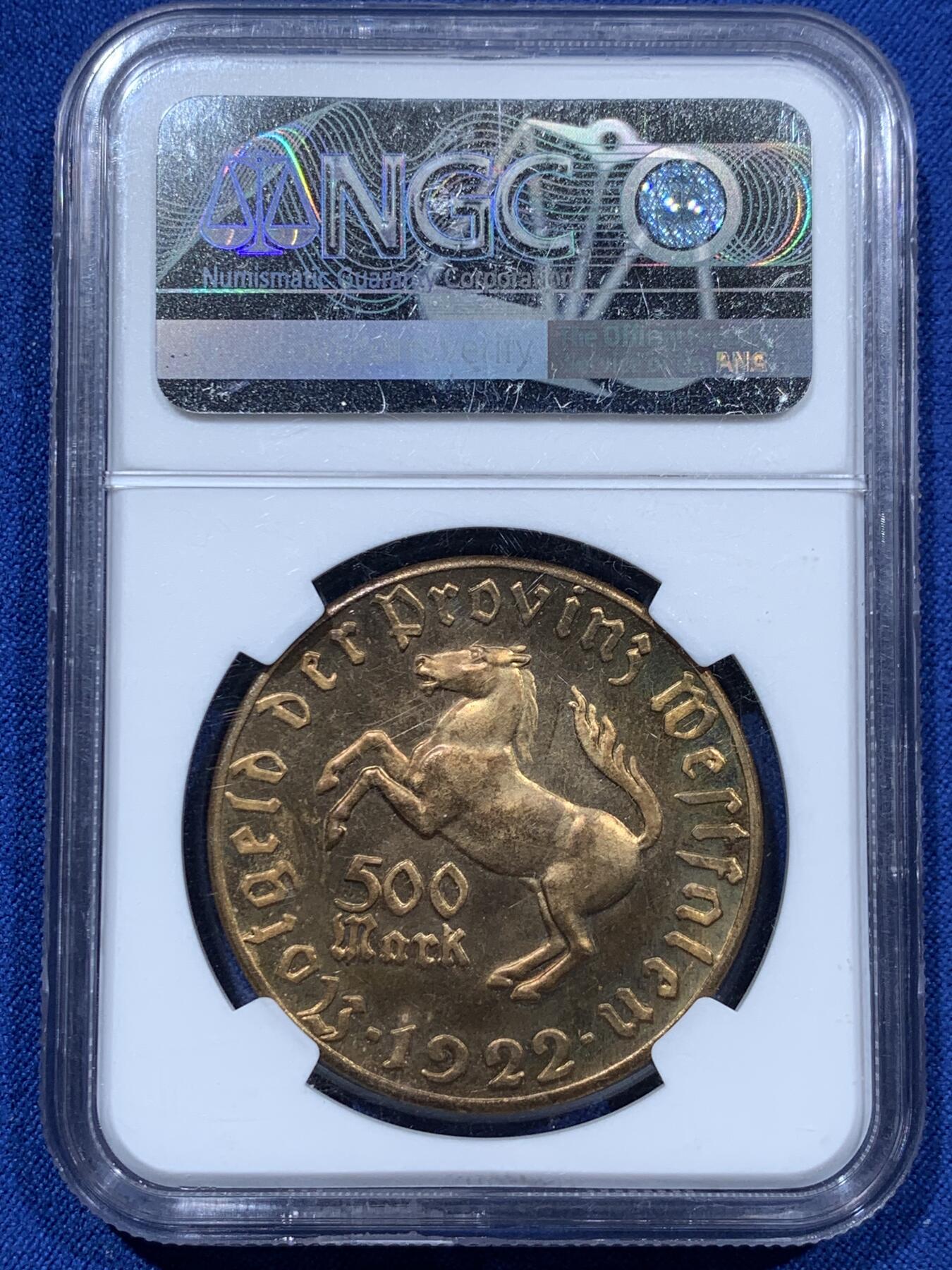 《竞宝斋》第361场 周日，周一  2场连拍 （全场包邮） NGC MS64 德国 1922年 威斯特伐利亚500马克镀金铜币