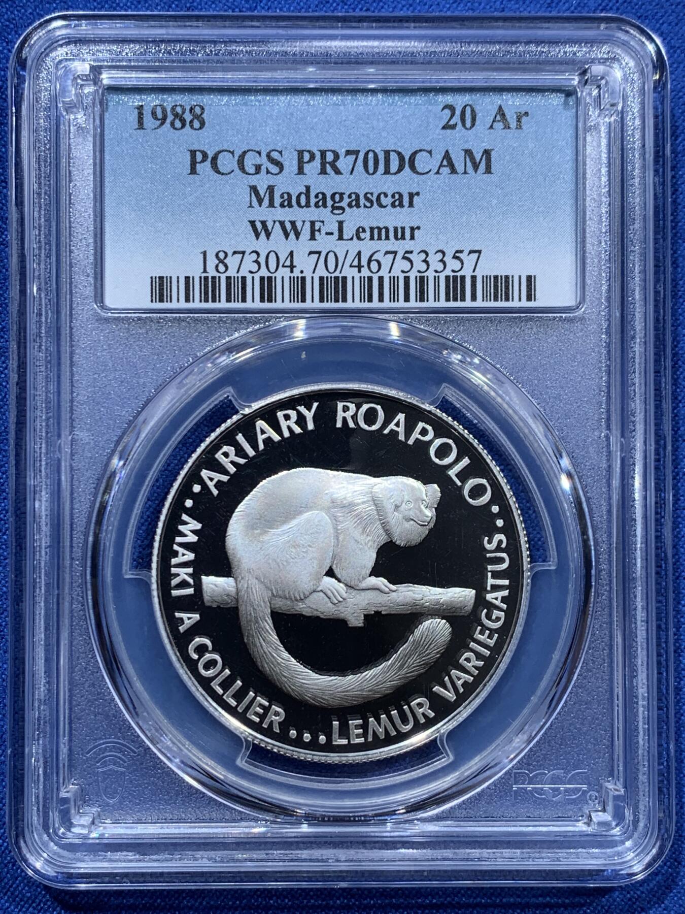 《竞宝斋》第361场 周日，周一  2场连拍 （全场包邮） PCGS PR70DCAM 马达加斯加1988 20阿里亚里狐猴银币，冠军分，稀少、精美绝伦