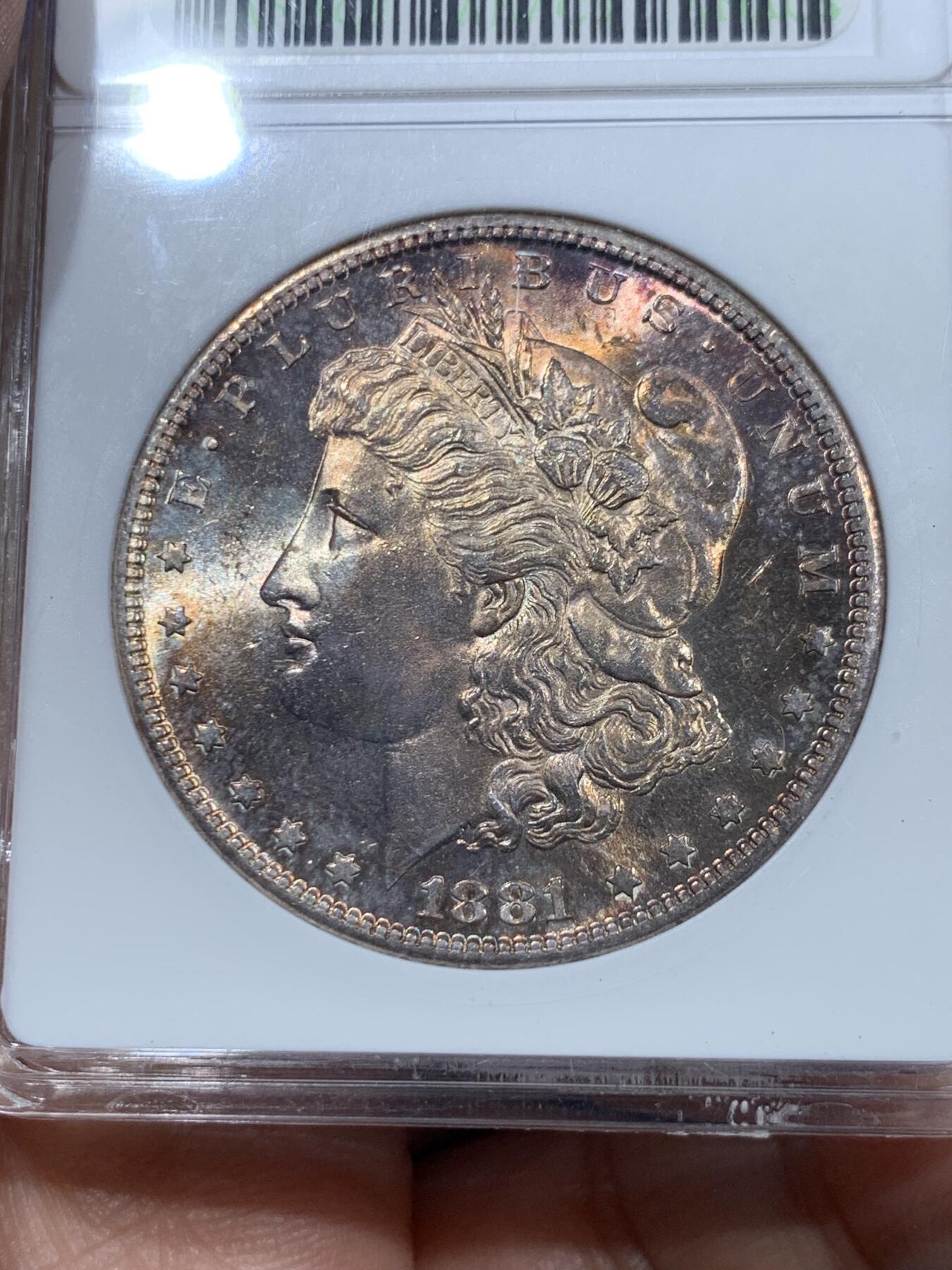 《竞宝斋》第361场 周日，周一  2场连拍 （全场包邮） ANACS MS64 美国 1881-S 摩根 OH 鹰面环状鲜红包浆 赏心悦目