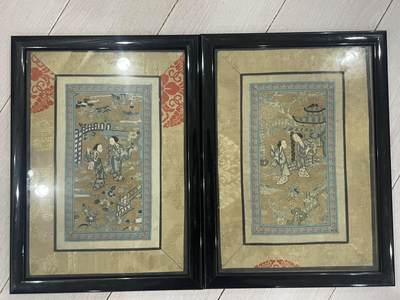 海外回流精品专场（鸽子请绕行） - 法国回流清代人物刺绣 尺寸：39cmX28.5cm。其中一幅有破损如图，已装裱。