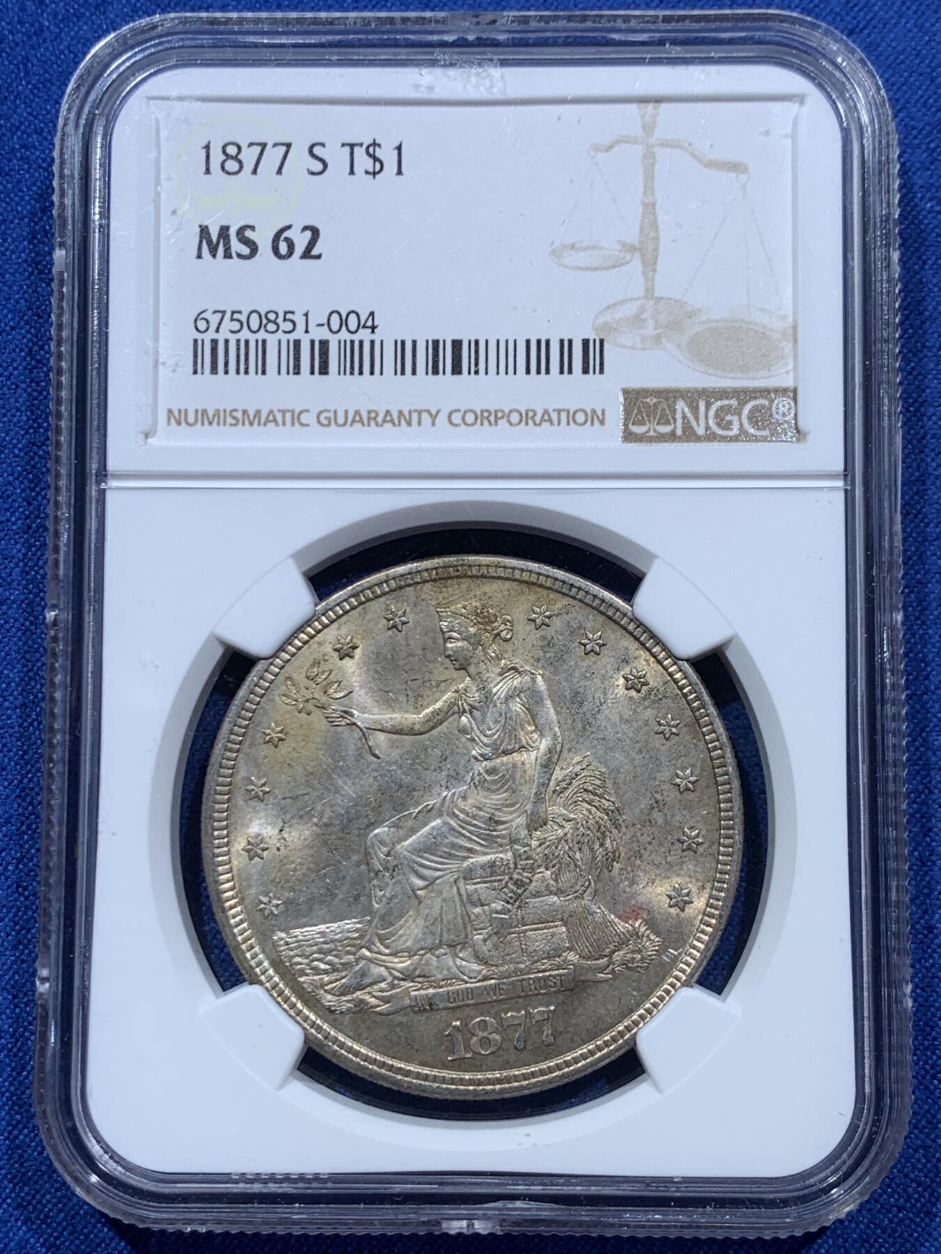 《竞宝斋》第361场 周日，周一  2场连拍 （全场包邮） NGC MS62 美国 1877-S 拿花贸易银元 五彩老包浆 难得好品 在华流通的稀有品种 高分难得