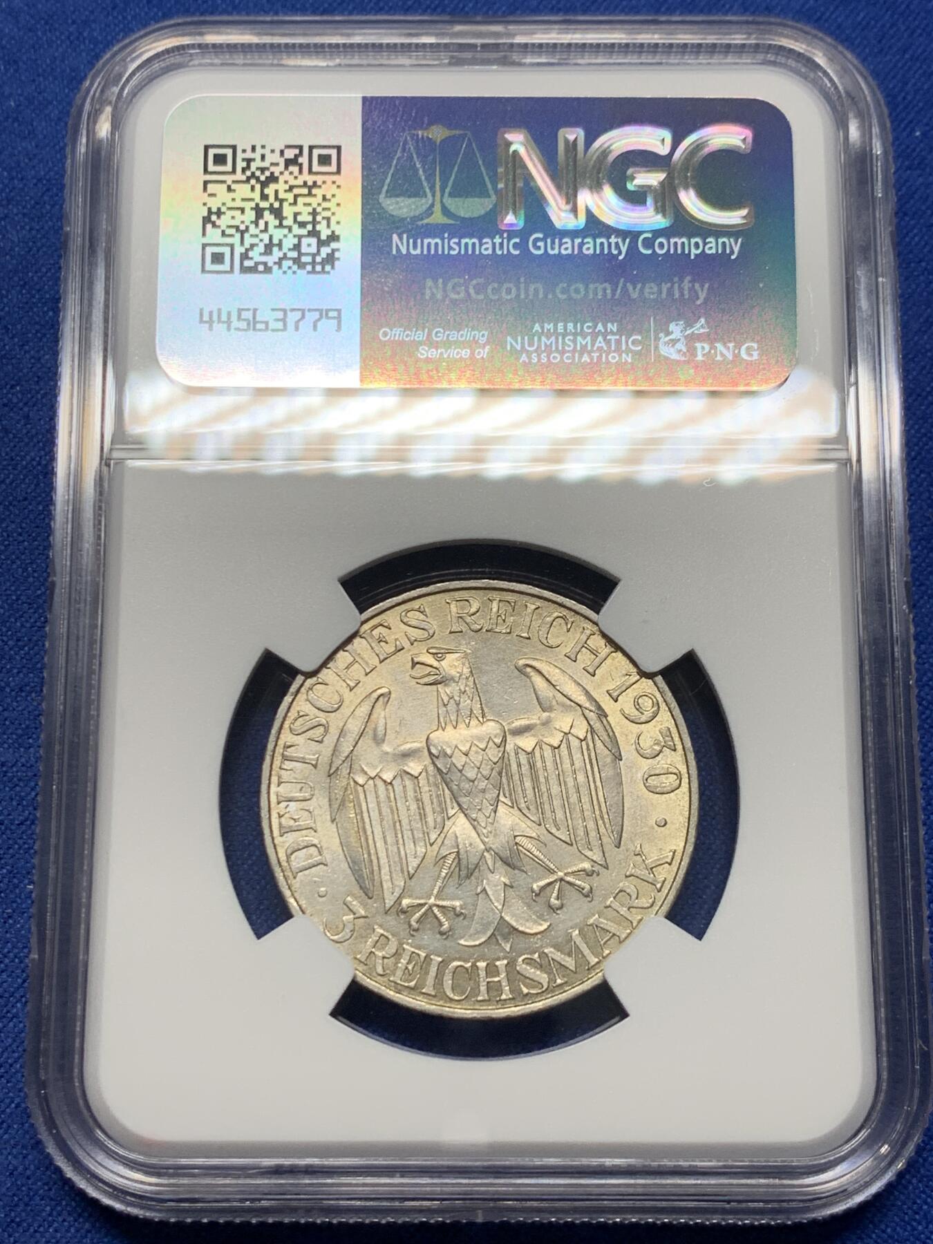 《竞宝斋》第361场 周日，周一  2场连拍 （全场包邮） NGC UNCD 德国魏玛共和国1930年齐柏林飞艇3马克银币