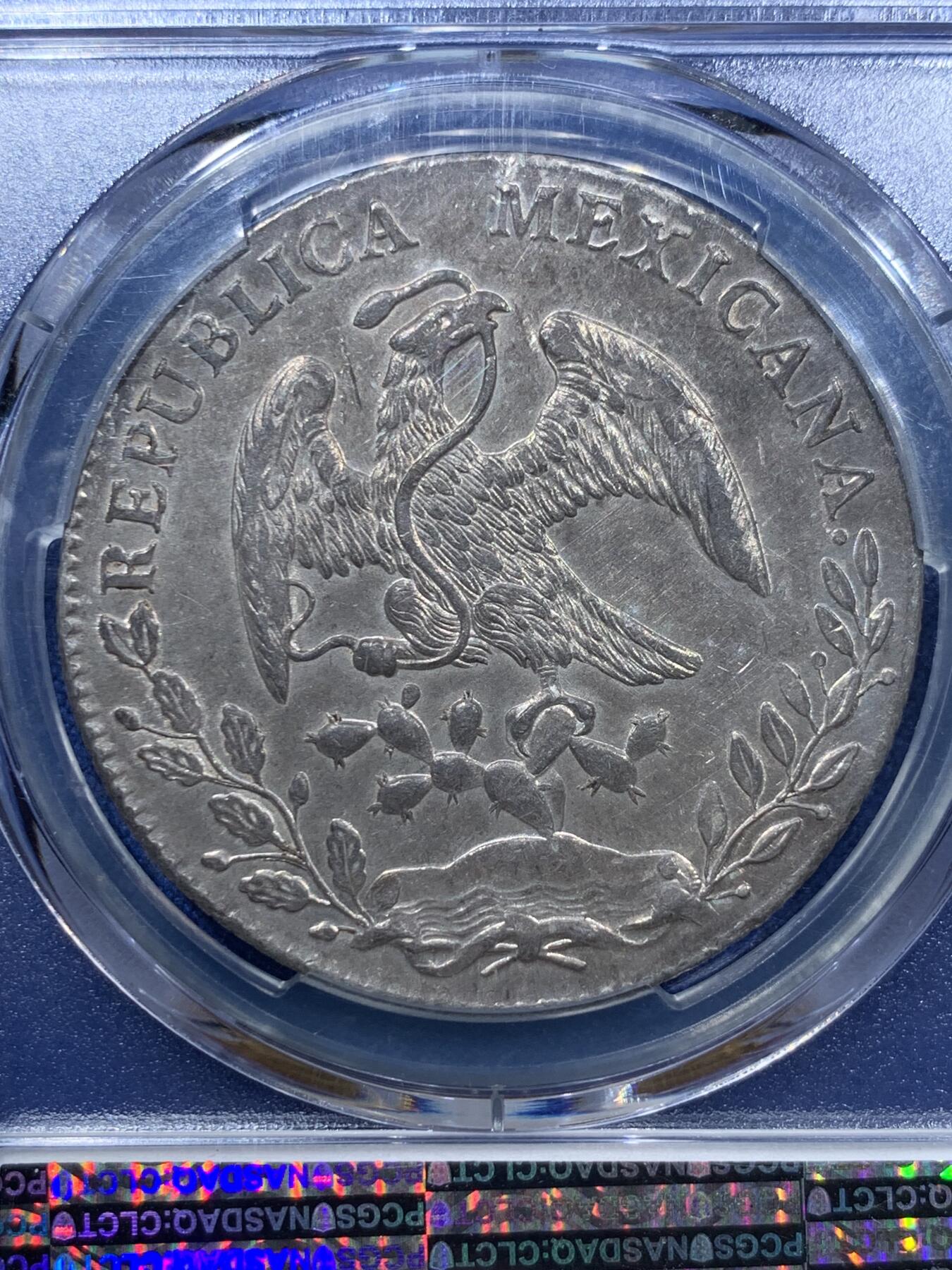 《竞宝斋》第361场 周日，周一  2场连拍 （全场包邮） PCGS AU58 墨西哥1896年GO RS版本花边鹰洋大银币，深打老鹰全羽毛，双面银灰包浆，同时镜面光度满满，性价比超高。