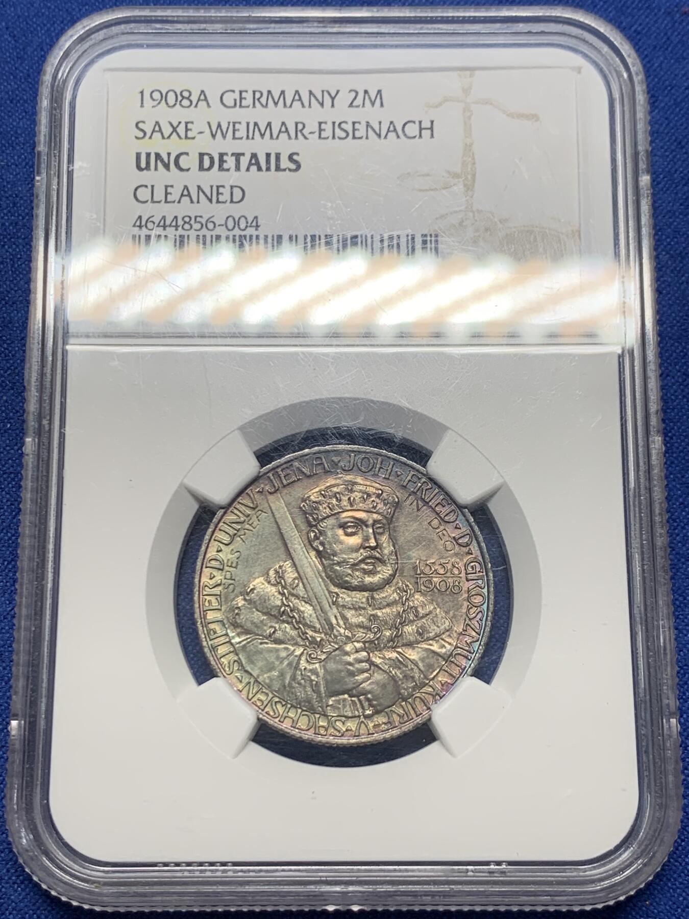 《竞宝斋》第361场 周日，周一  2场连拍 （全场包邮） NGC UNC 德国 1908年 耶拿大学400周年2马克银币 五彩包浆