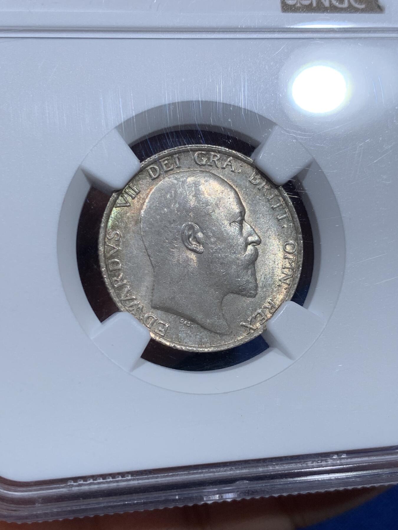 《竞宝斋》第361场 周日，周一  2场连拍 （全场包邮） NGC MS63 英国1910年爱德华七世站狮1先令银币，环彩丝滑，银光流畅。爱七关门年份，不多见的品种，63分参考价150美元