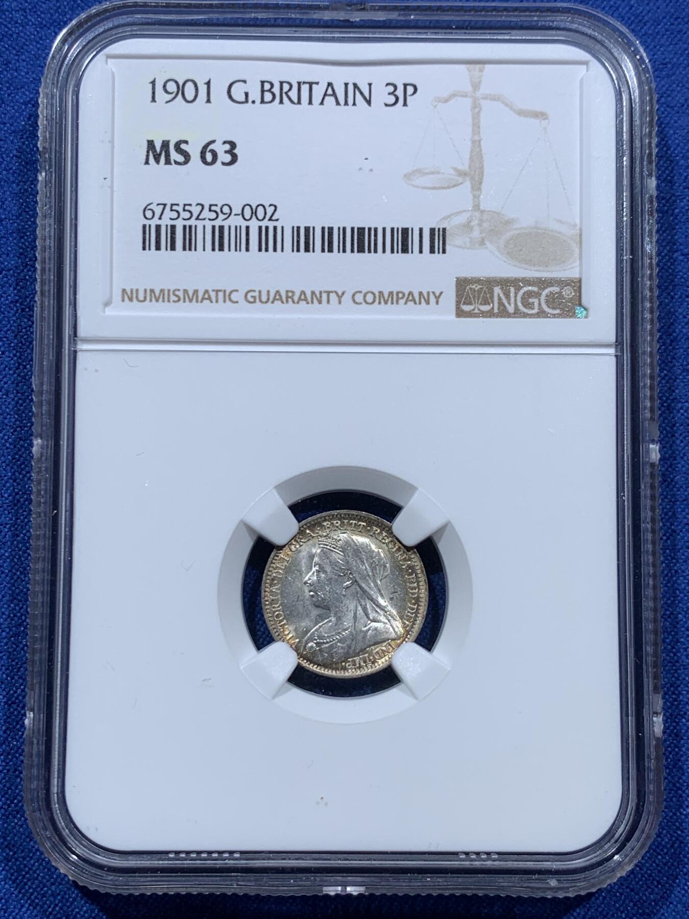 《竞宝斋》第361场 周日，周一  2场连拍 （全场包邮） NGC MS63 英国1901年老维3便士银币 单面深彩包浆