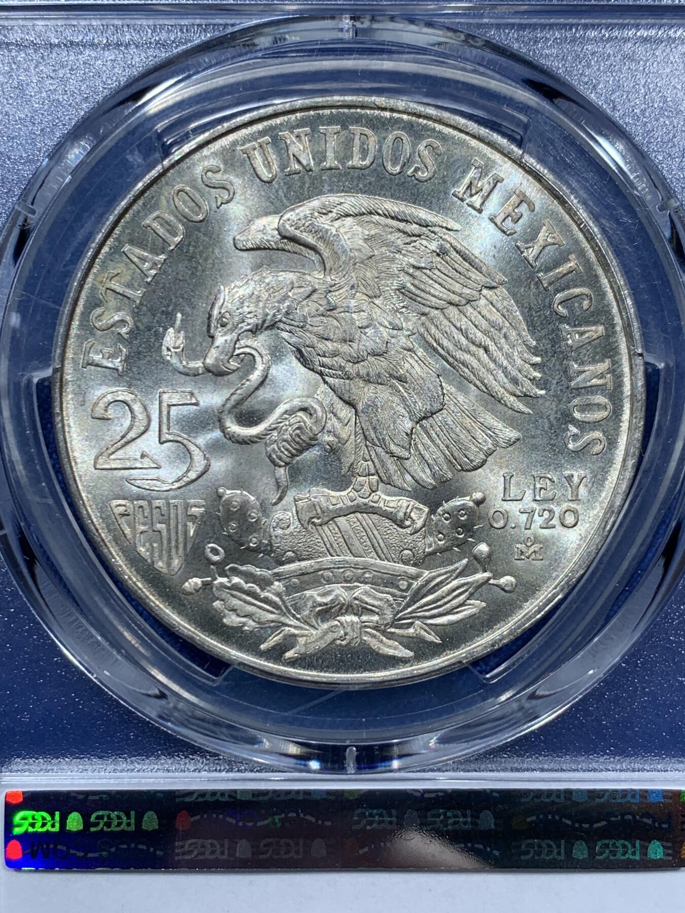 《竞宝斋》第361场 周日，周一  2场连拍 （全场包邮） PCGS MS67 墨西哥1968年鹰洋25比索纪念银币，阿兹台克战士！