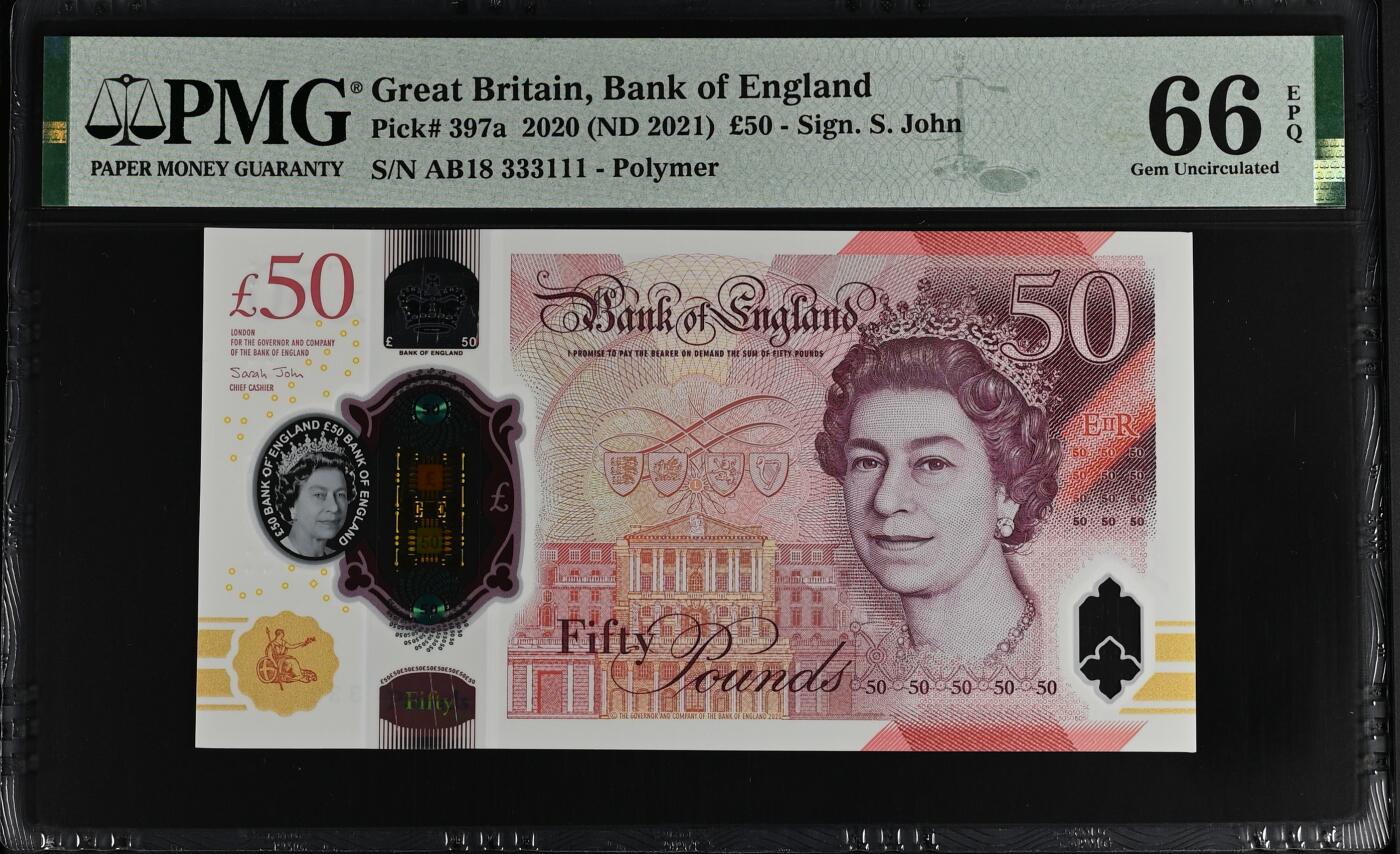 【Blue Auction】✨世界纸币精拍第629期【精】 【333111双豹子号】英国 2021年50镑 PMG66EPQ 
