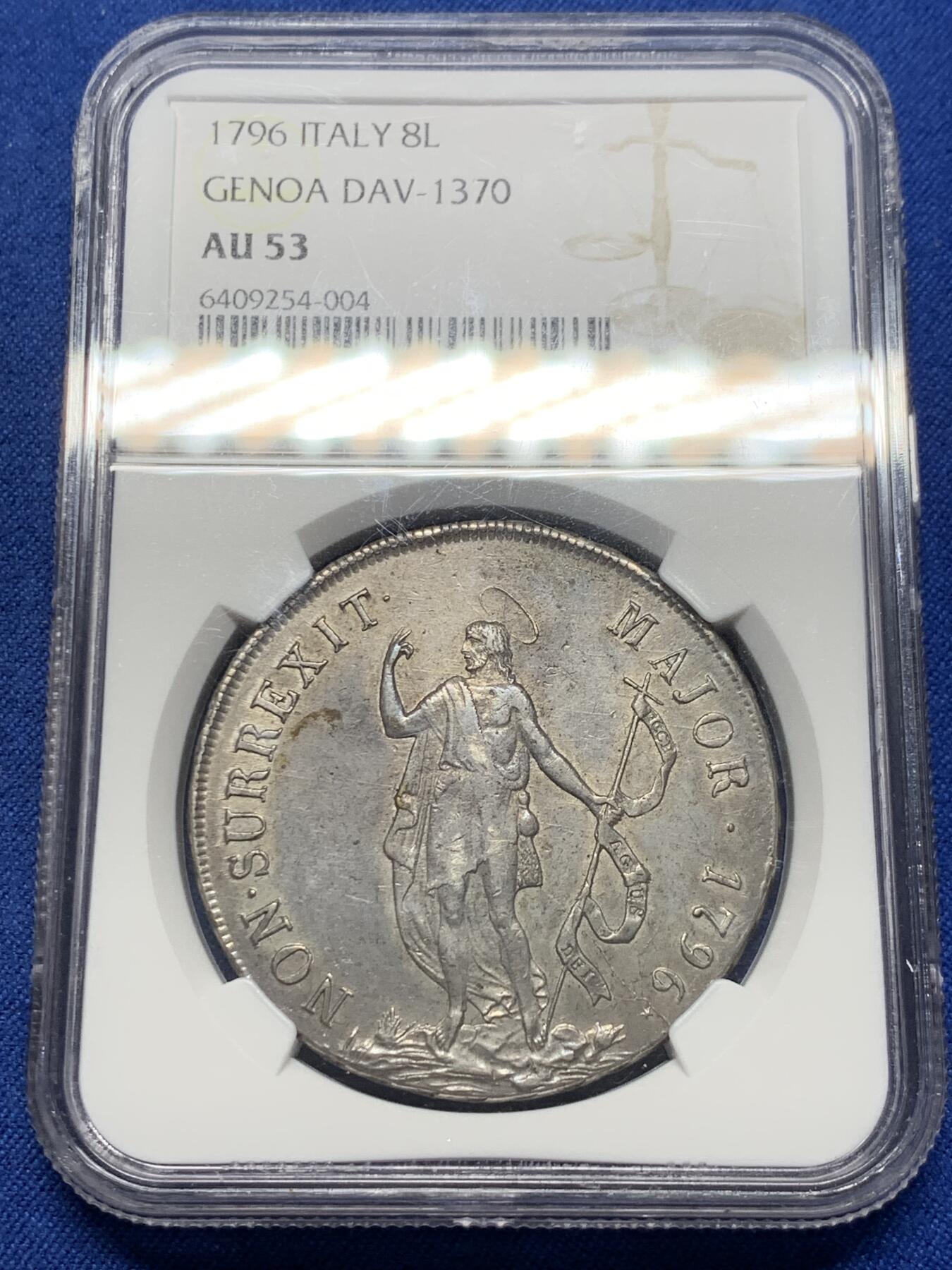 《竞宝斋》第361场 周日，周一  2场连拍 （全场包邮） NGC AU53 意大利1796年热那亚8里拉
