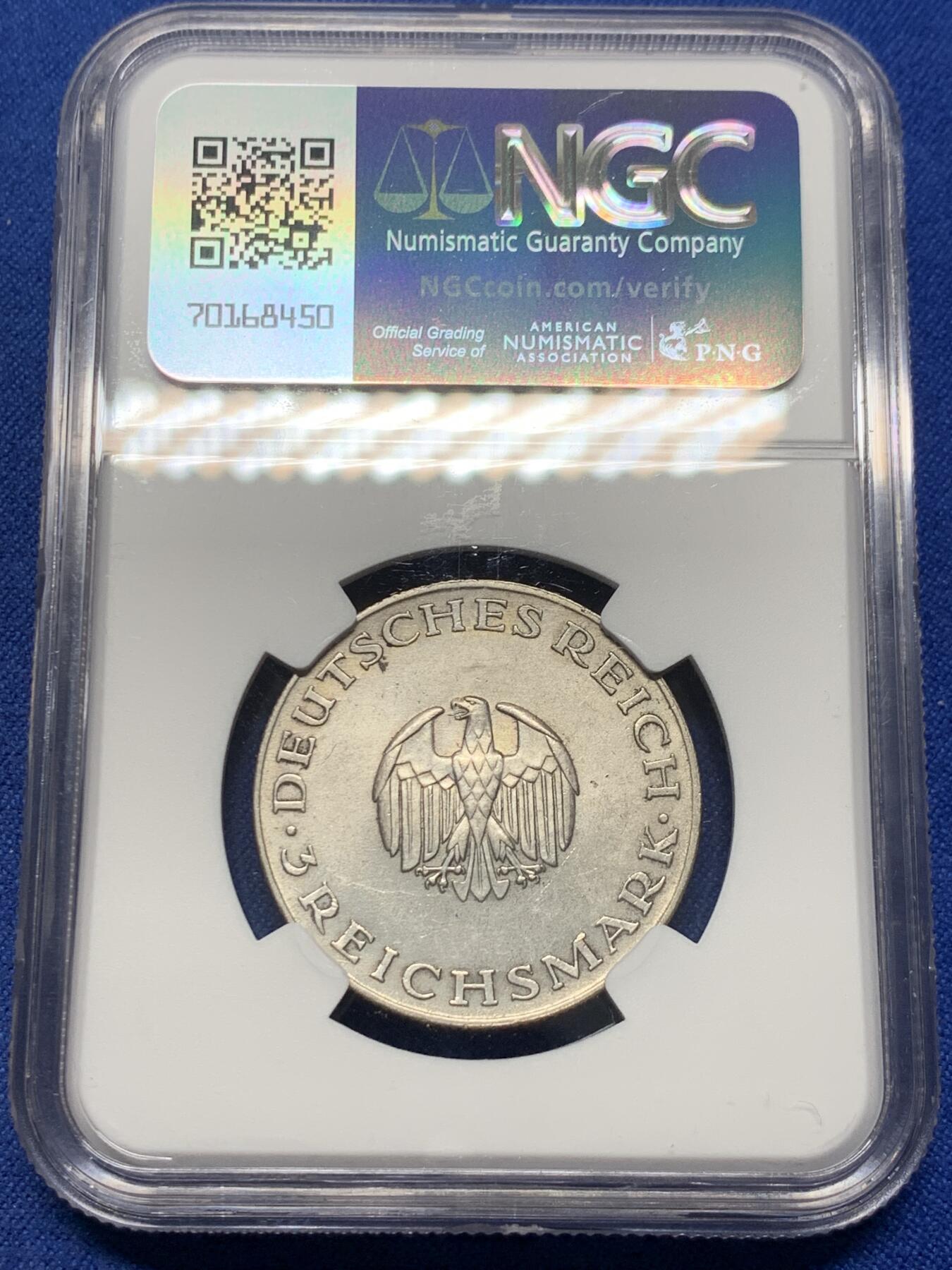《竞宝斋》第361场 周日，周一  2场连拍 （全场包邮） NGC UNCD 德国魏玛共和国1929年戈特霍尔德·莱辛诞生200周年3马克纪念银币