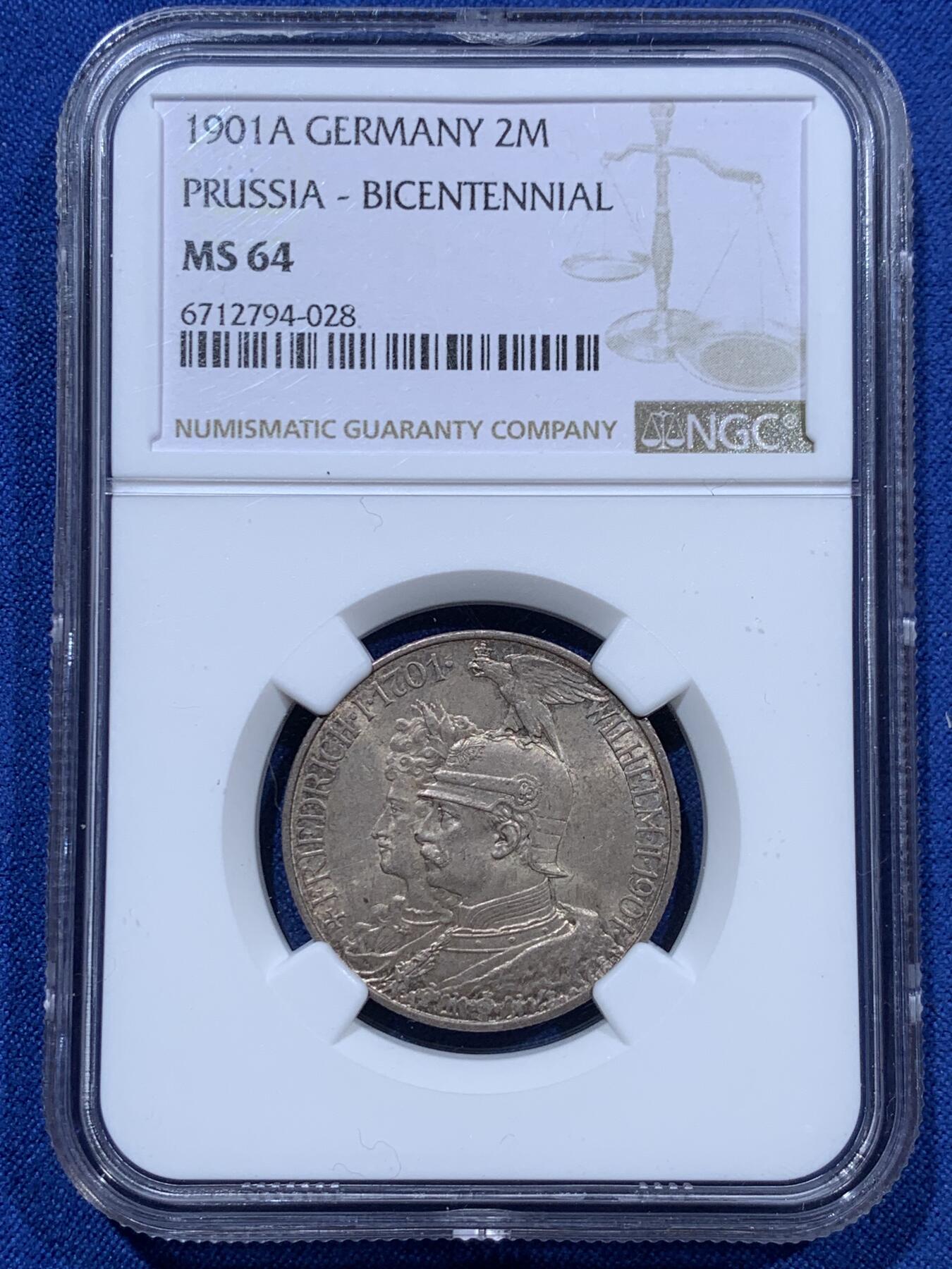 《竞宝斋》第361场 周日，周一  2场连拍 （全场包邮） NGC MS64 德国 1901年 普鲁士百年纪念2马克银币