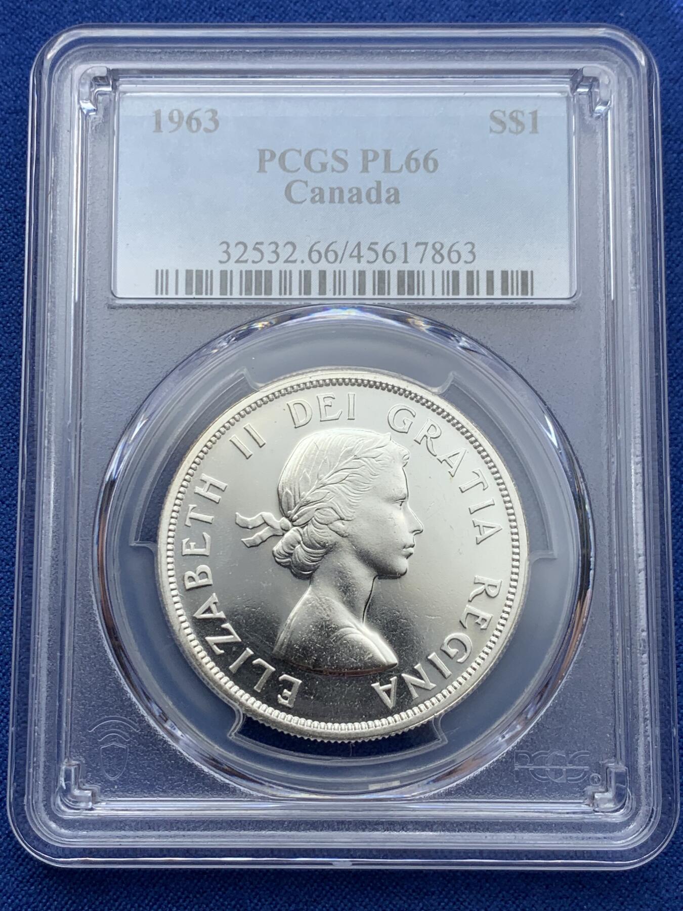 《竞宝斋》第361场 周日，周一  2场连拍 （全场包邮） PCGS PL65 加拿大1963年一元银币