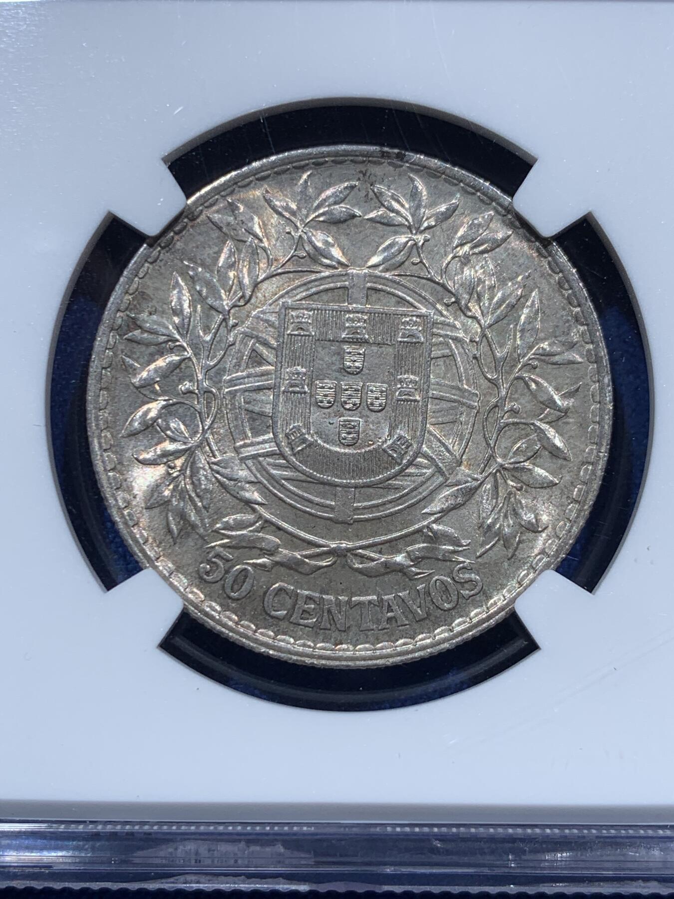 《竞宝斋》第361场 周日，周一  2场连拍 （全场包邮） NGC MS62 葡萄牙1916年自由女神50分银币