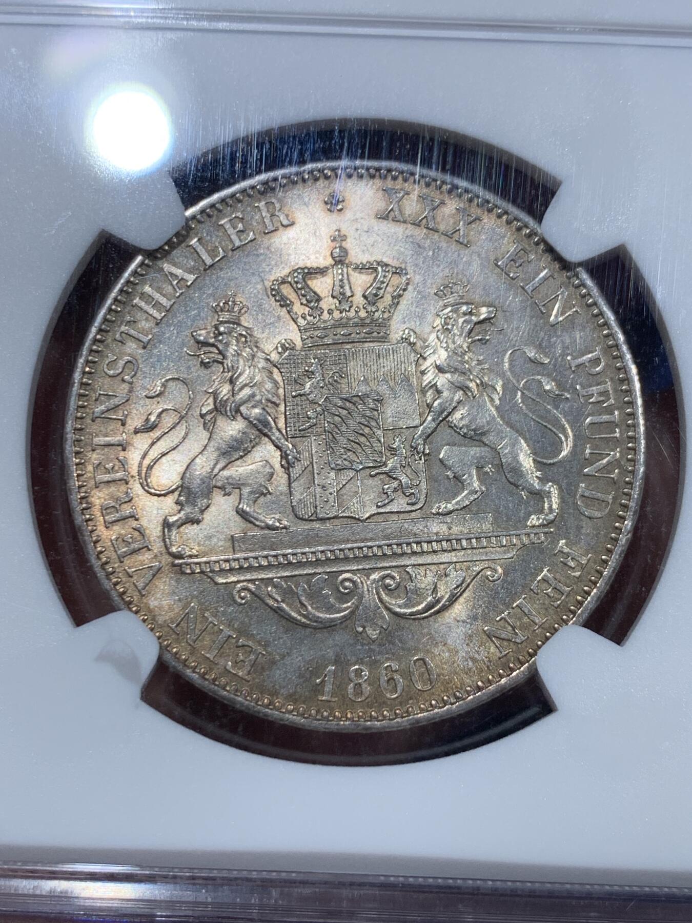 《竞宝斋》第361场 周日，周一  2场连拍 （全场包邮） 亚军分 NGC MS64 德国 1860 巴伐利亚 双狮泰勒银币 高分高细节 包浆纯正 收藏级状态