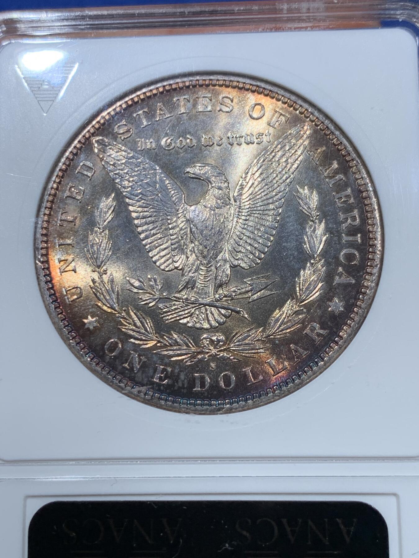 《竞宝斋》第361场 周日，周一  2场连拍 （全场包邮） ANACS MS64 美国 1881-S 摩根 OH 鹰面环状鲜红包浆 赏心悦目