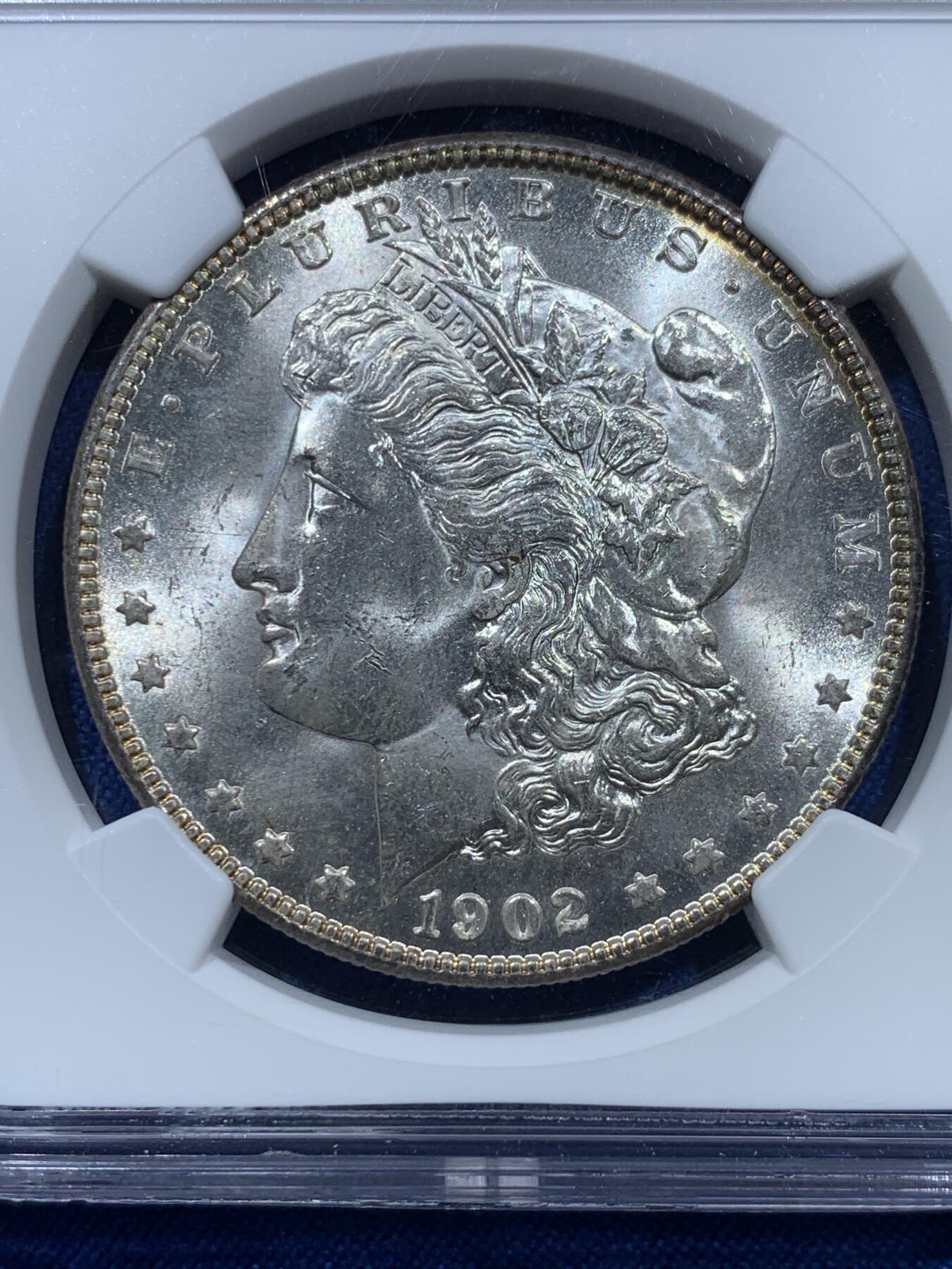 《竞宝斋》第361场 周日，周一  2场连拍 （全场包邮） NGC MS63 美国1902年O版摩根大银币，原光漂亮，转光强