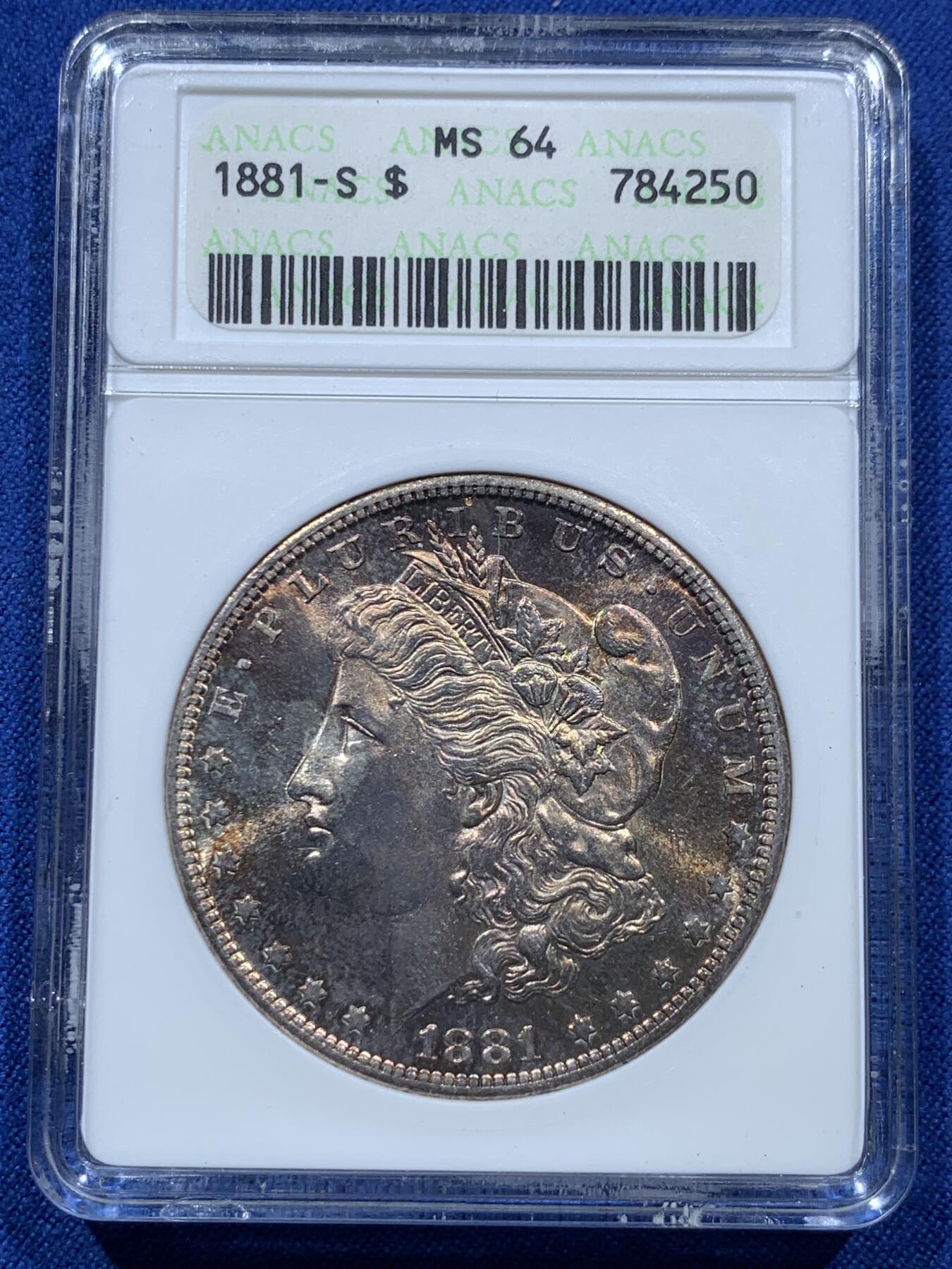 《竞宝斋》第361场 周日，周一  2场连拍 （全场包邮） ANACS MS64 美国 1881-S 摩根 OH 鹰面环状鲜红包浆 赏心悦目