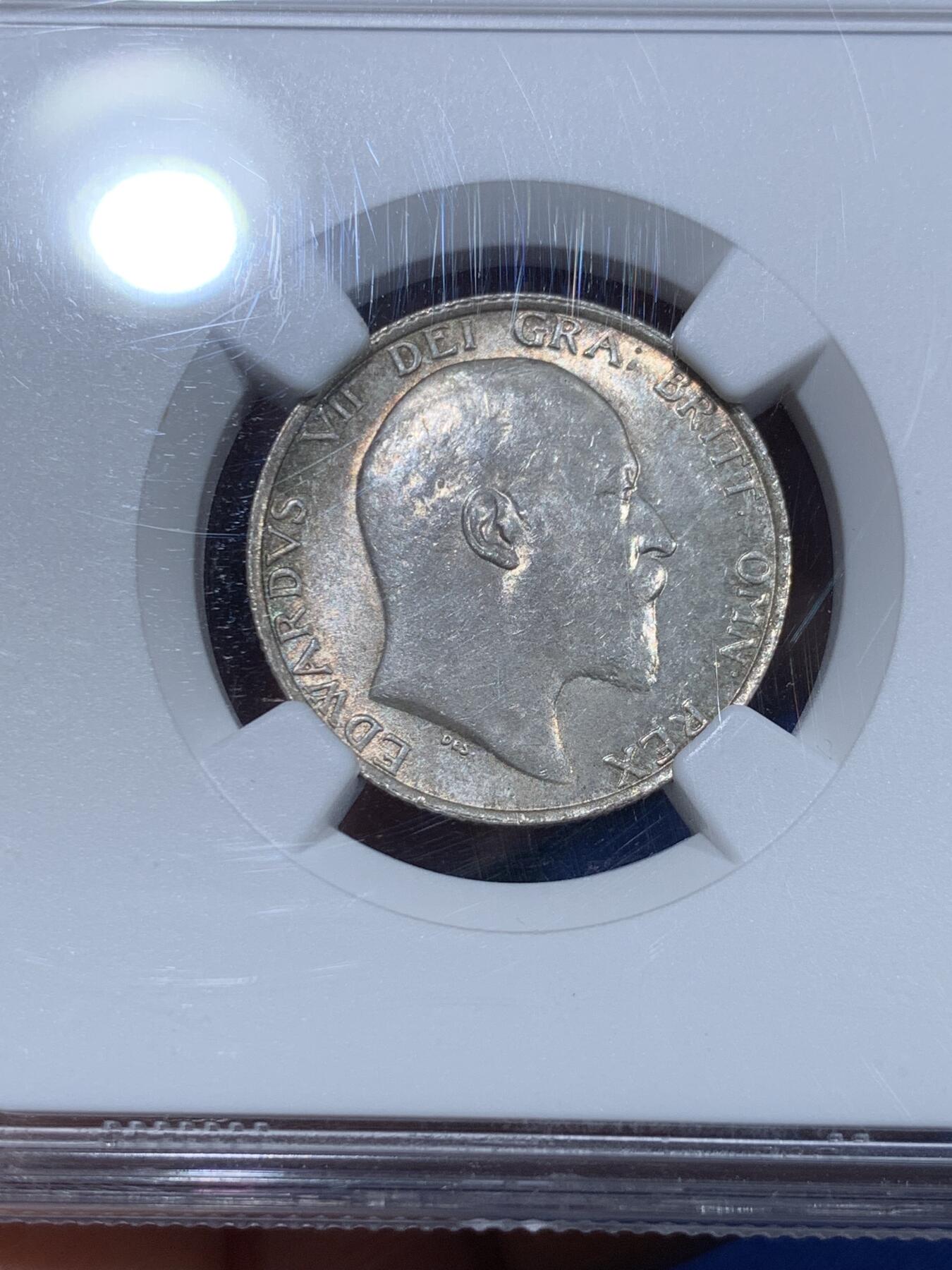 《竞宝斋》第361场 周日，周一  2场连拍 （全场包邮） NGC MS63 英国1910年爱德华七世站狮1先令银币，环彩丝滑，银光流畅。爱七关门年份，不多见的品种，63分参考价150美元