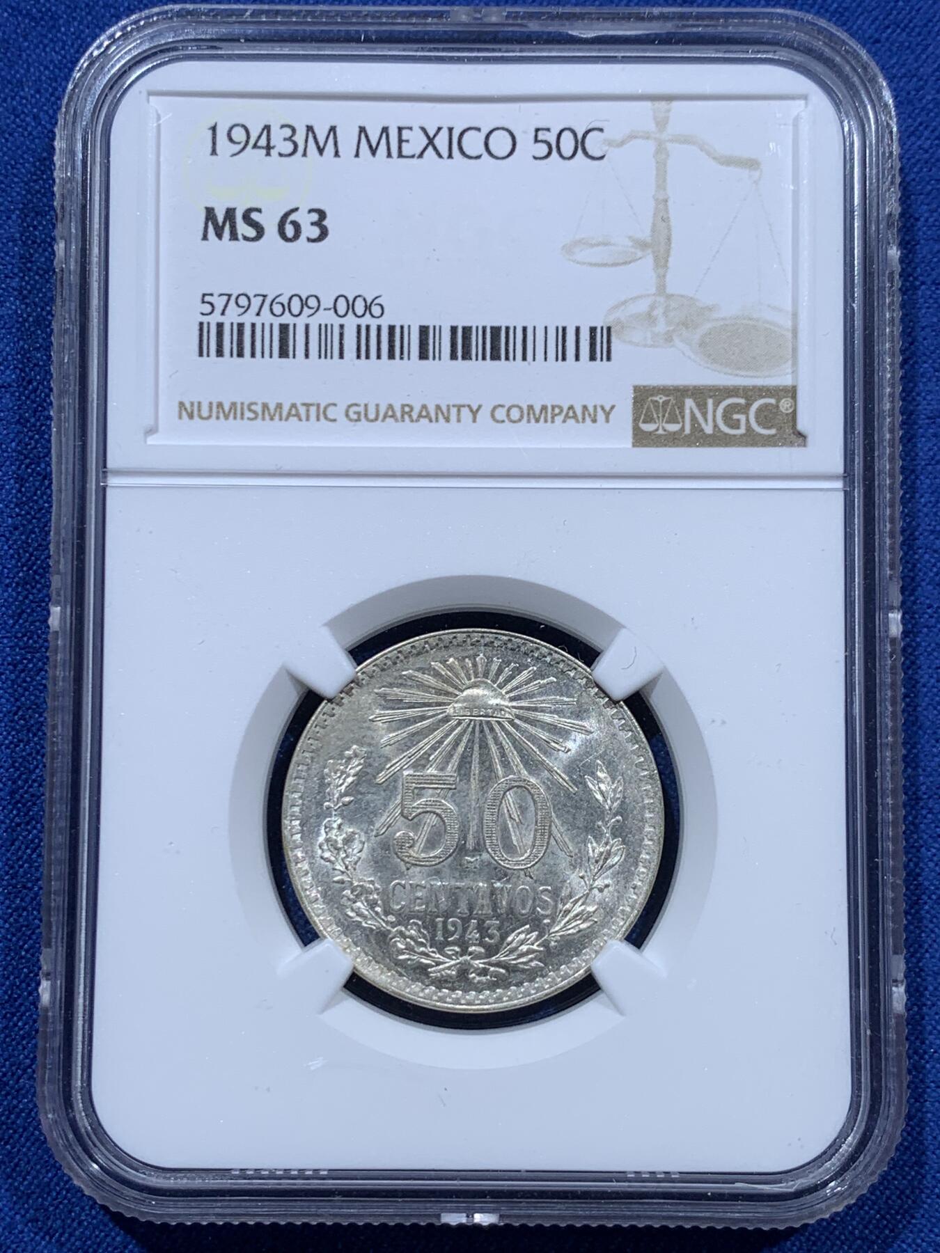 《竞宝斋》第361场 周日，周一  2场连拍 （全场包邮） NGC MS63 墨西哥 1943年 小鹰洋 50分银币