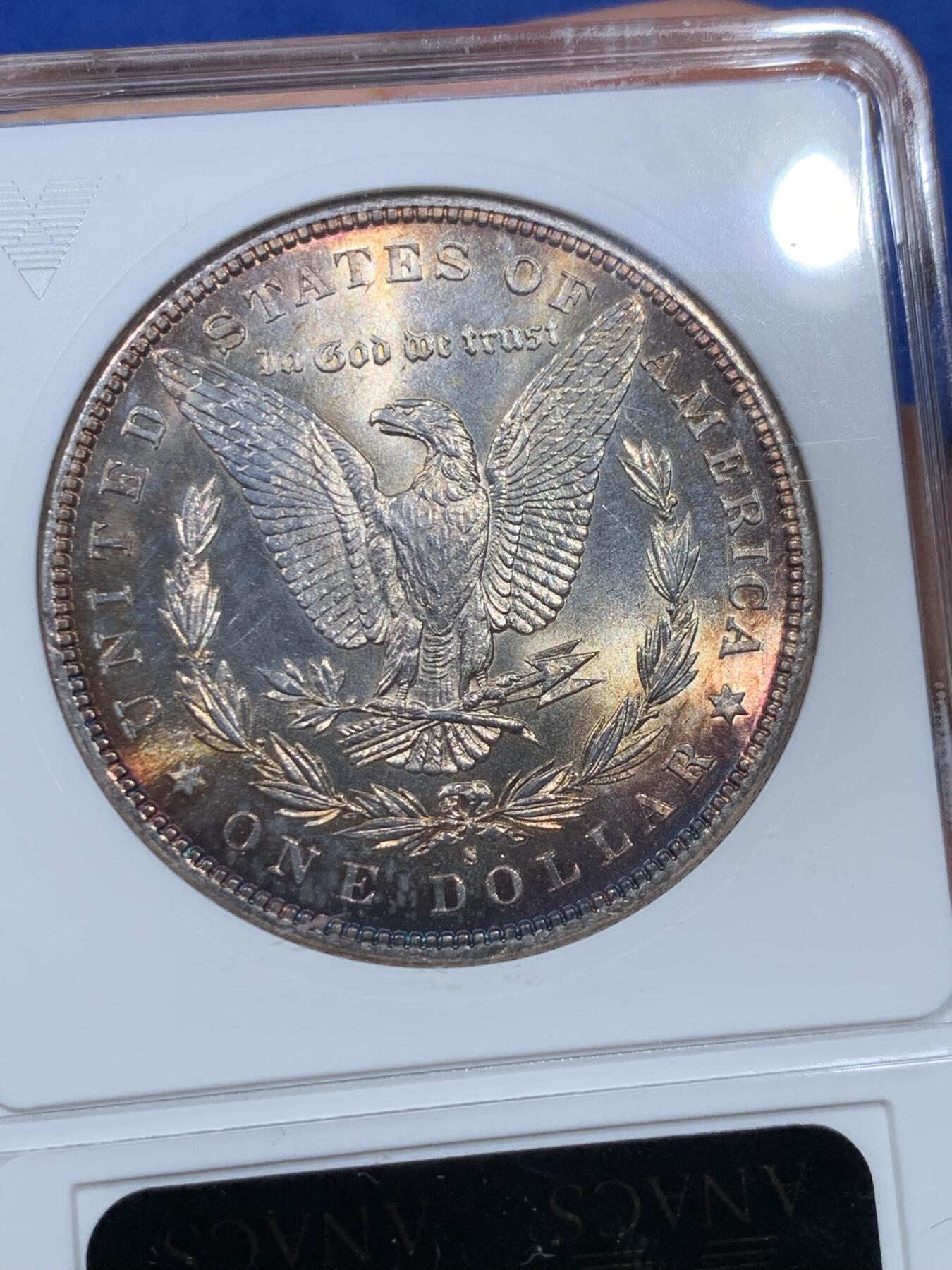 《竞宝斋》第361场 周日，周一  2场连拍 （全场包邮） ANACS MS64 美国 1881-S 摩根 OH 鹰面环状鲜红包浆 赏心悦目