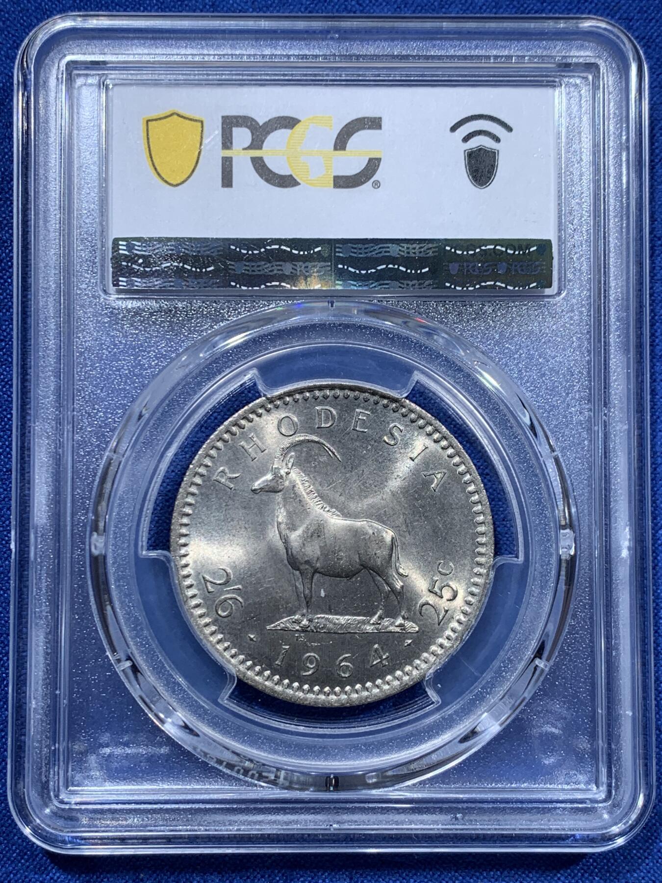 《竞宝斋》第361场 周日，周一  2场连拍 （全场包邮） PCGS MS63 英属罗德西亚 1964年 伊丽莎白二世 2.5先令镍币