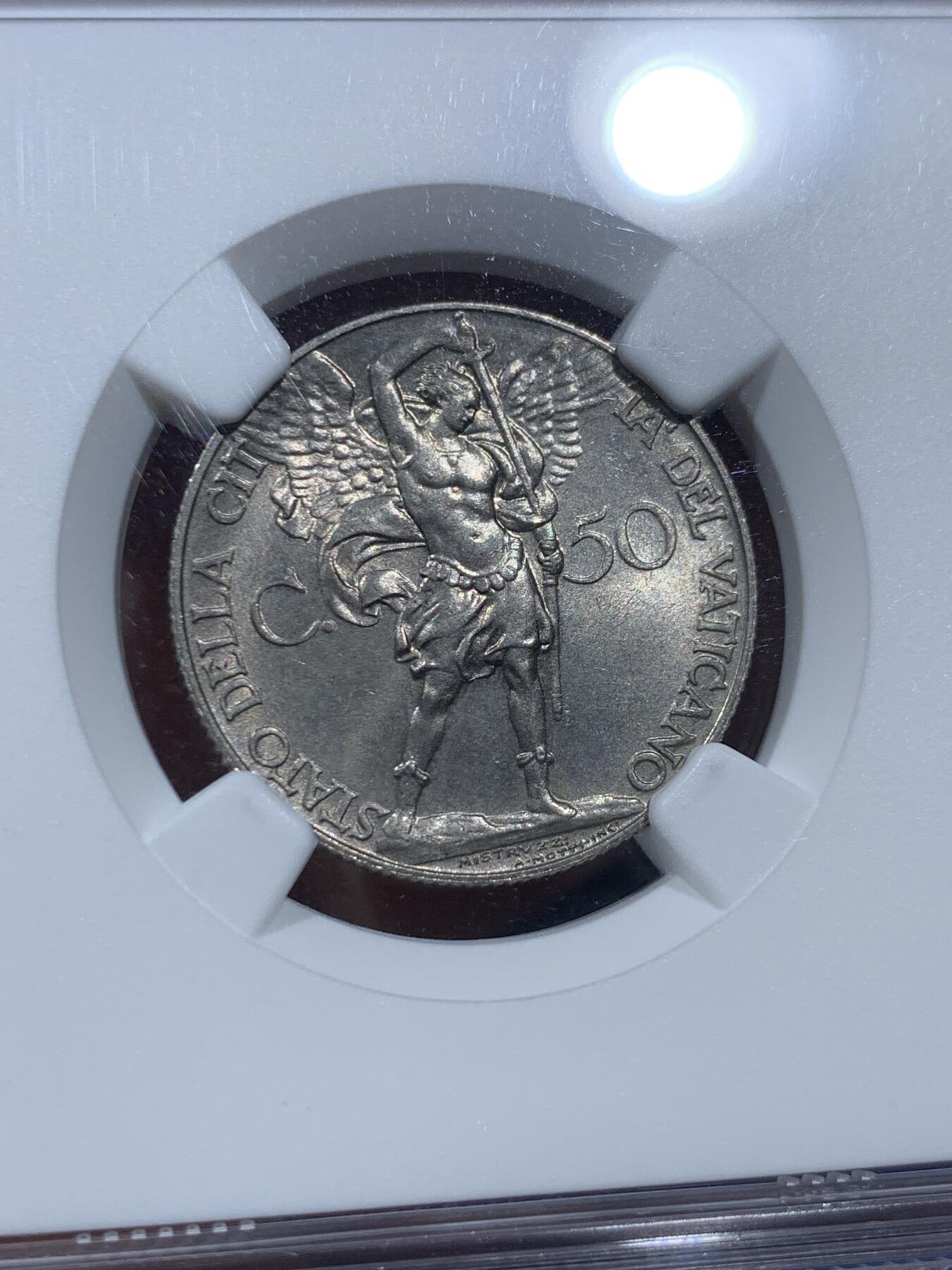 《竞宝斋》第361场 周日，周一  2场连拍 （全场包邮） NGC MS64 梵蒂冈1930年战斗天使拔剑50分，亚军分，更高分数仅有3枚。