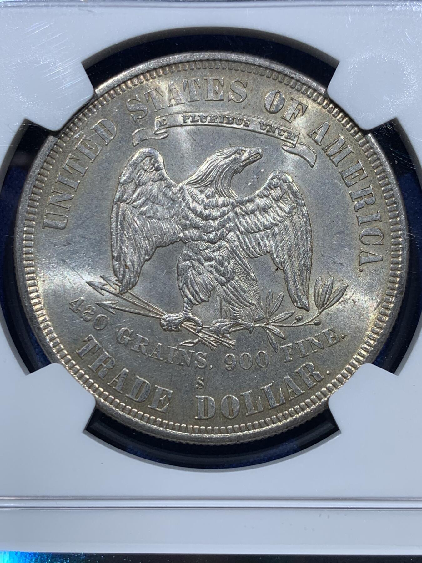 《竞宝斋》第361场 周日，周一  2场连拍 （全场包邮） NGC MS62 美国 1877-S 拿花贸易银元 五彩老包浆 难得好品 在华流通的稀有品种 高分难得