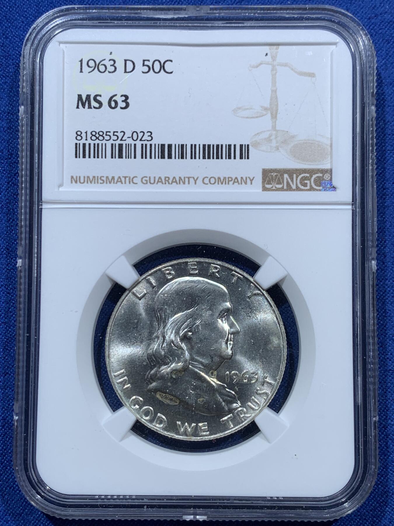 《竞宝斋》第361场 周日，周一  2场连拍 （全场包邮） NGC MS63 美国1963D富兰克林半元银币