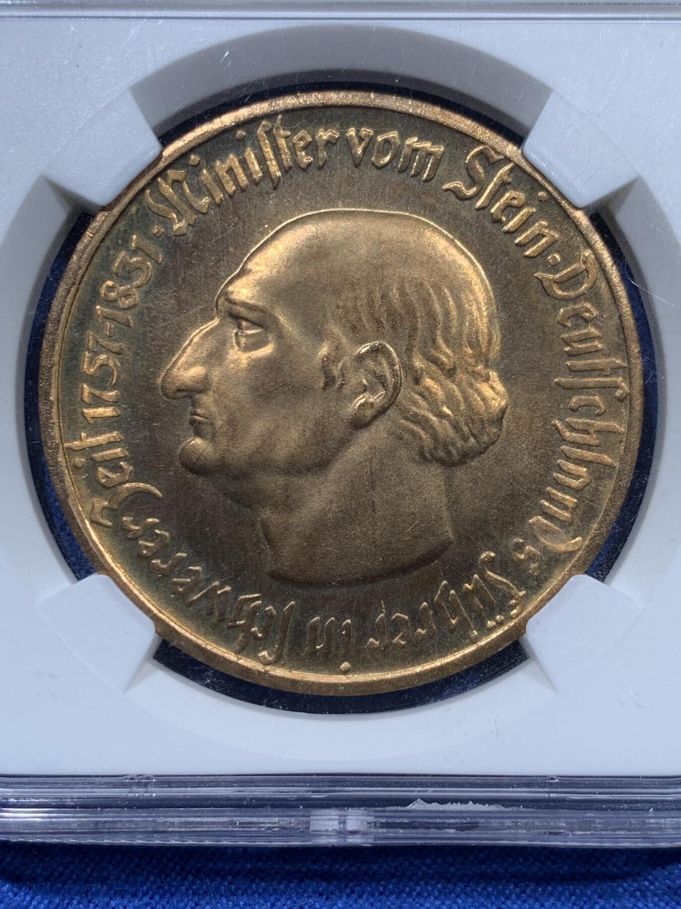 《竞宝斋》第361场 周日，周一  2场连拍 （全场包邮） NGC MS64 德国 1922年 威斯特伐利亚500马克镀金铜币