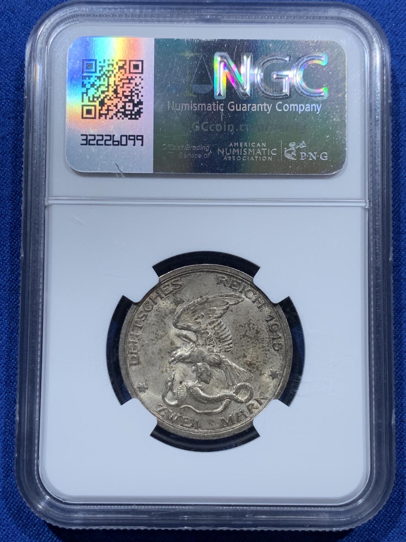 《竞宝斋》第361场 周日，周一  2场连拍 （全场包邮） NGC MS64 德国1913年战胜拿破仑2马克银币