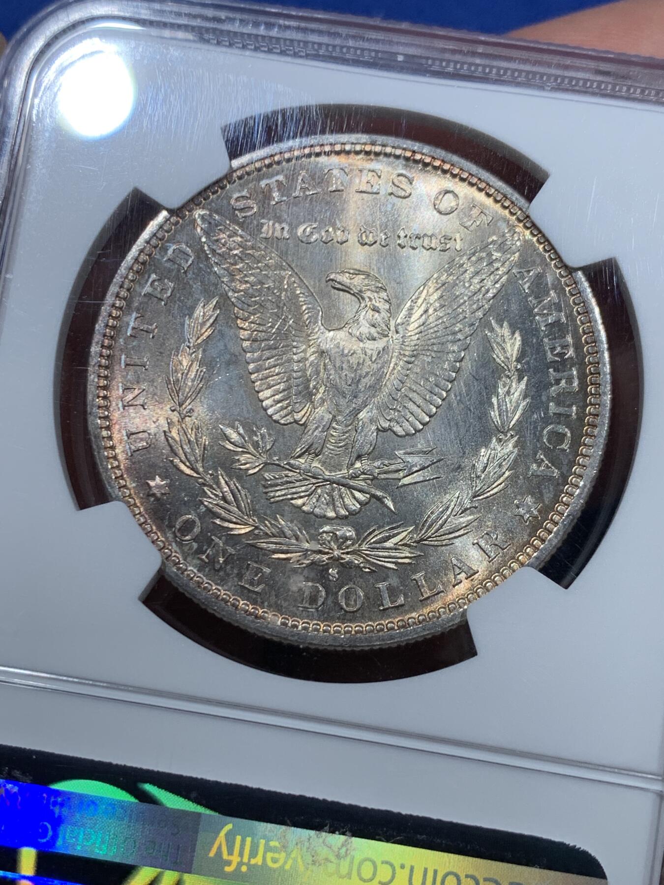 《竞宝斋》第361场 周日，周一  2场连拍 （全场包邮） NGC MS64 美国1882年摩根1美元银币 S版 PL底板带点彩光 状态非常好
