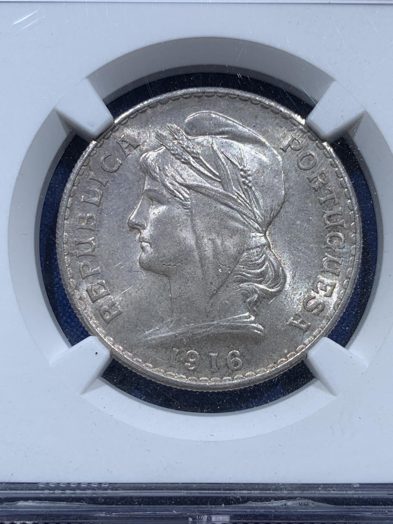 《竞宝斋》第361场 周日，周一  2场连拍 （全场包邮） NGC MS62 葡萄牙1916年自由女神50分银币