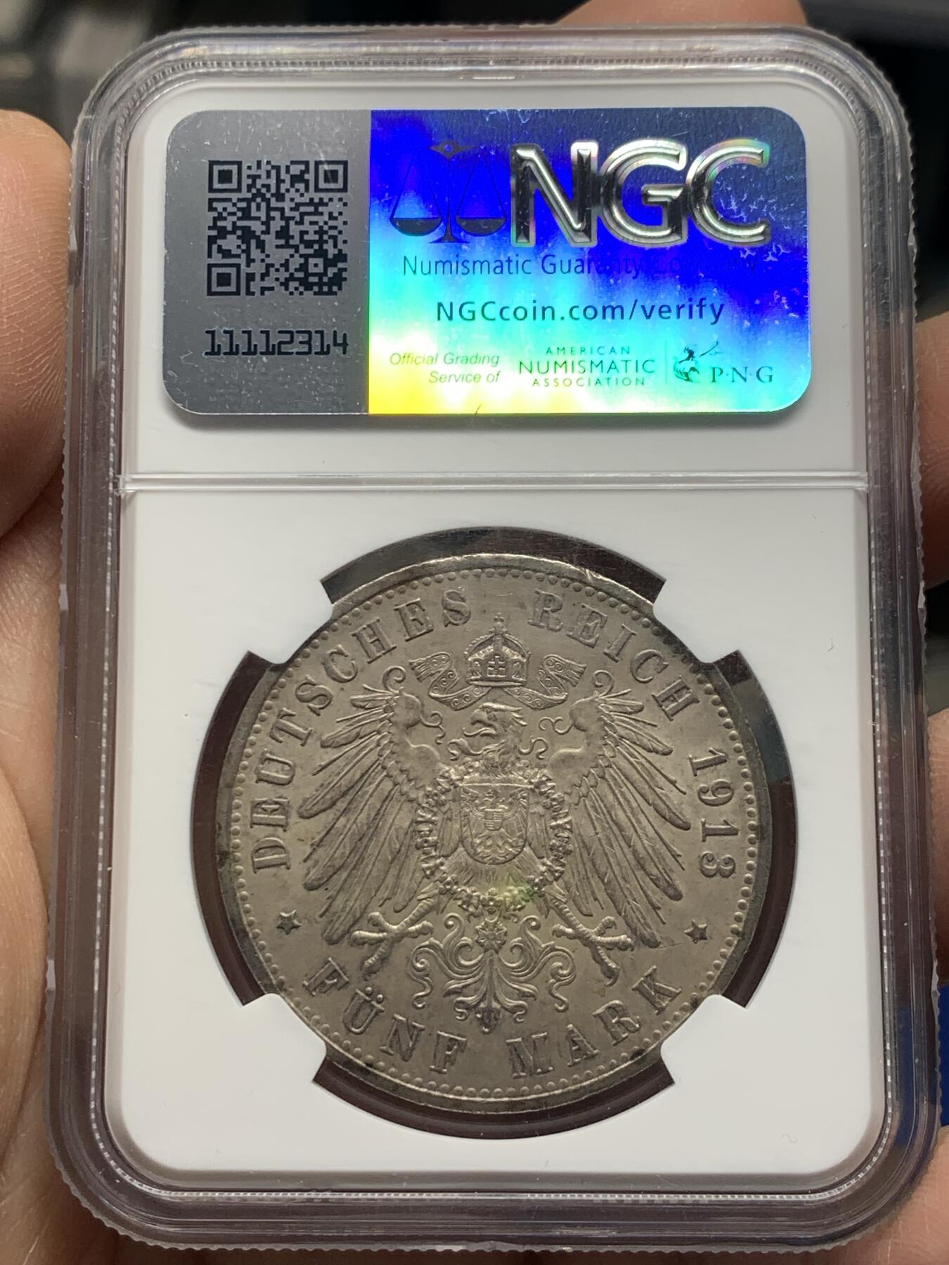 《竞宝斋》第361场 周日，周一  2场连拍 （全场包邮） NGC MS62 德国1913年威廉二世军装5马克银币 状态不错