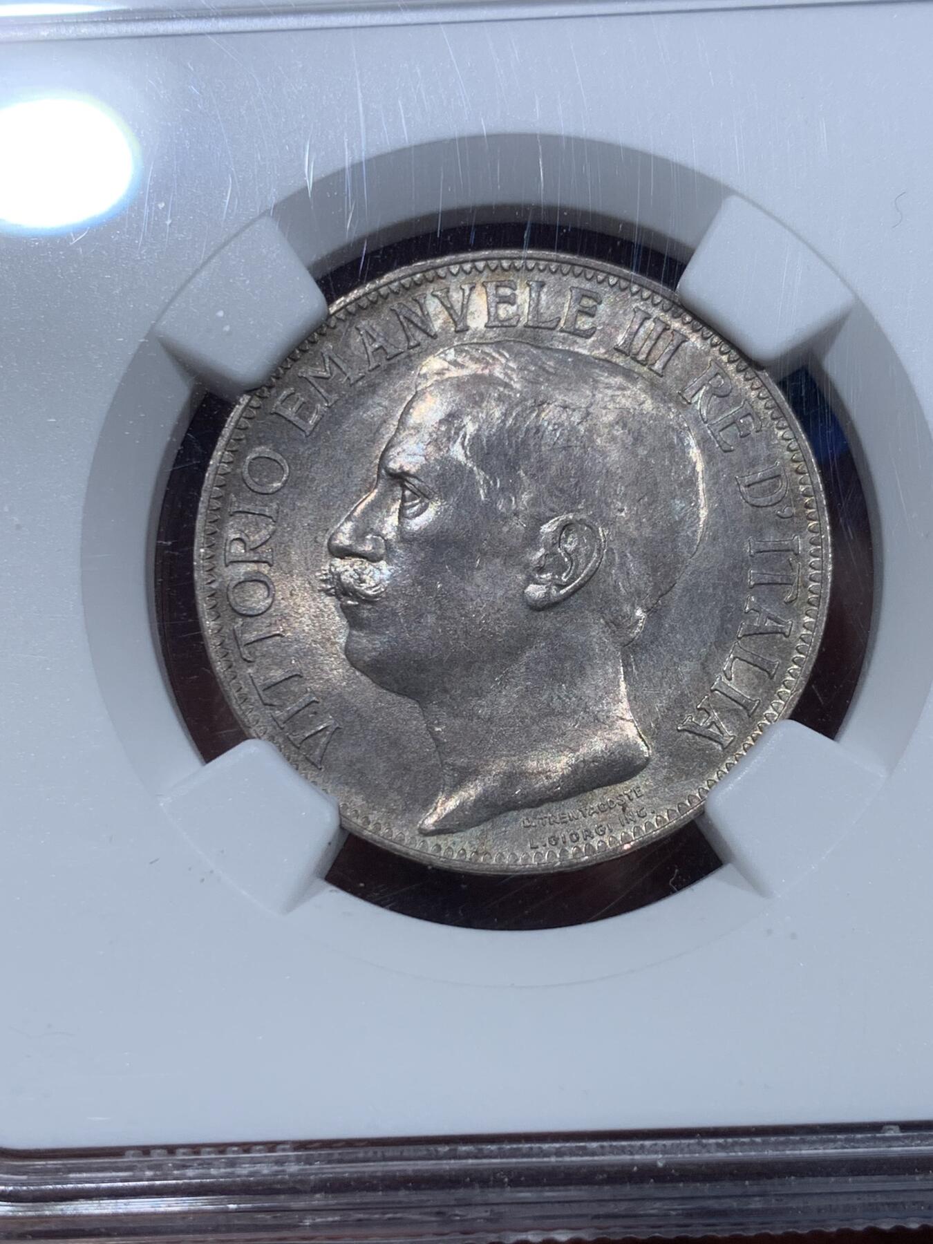 《竞宝斋》第361场 周日，周一  2场连拍 （全场包邮） NGC MS62 意大利 1911年 建国50周年 2里拉银币 上MS不容易