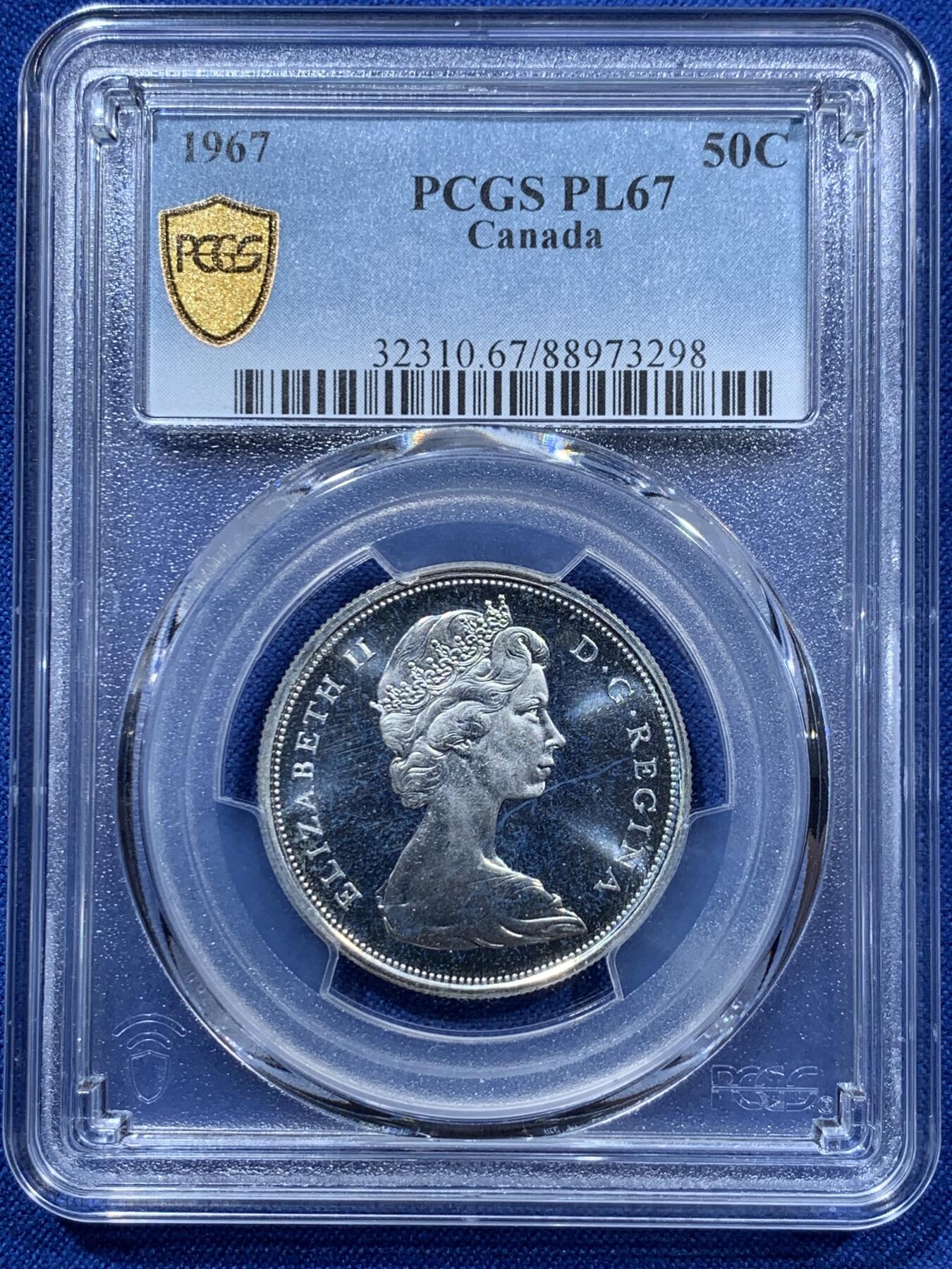 《竞宝斋》第361场 周日，周一  2场连拍 （全场包邮） PCGS PL67 加拿大1967年成立100周年纪念50分精制银币，高分好品，亚军分，此分数合适收藏！