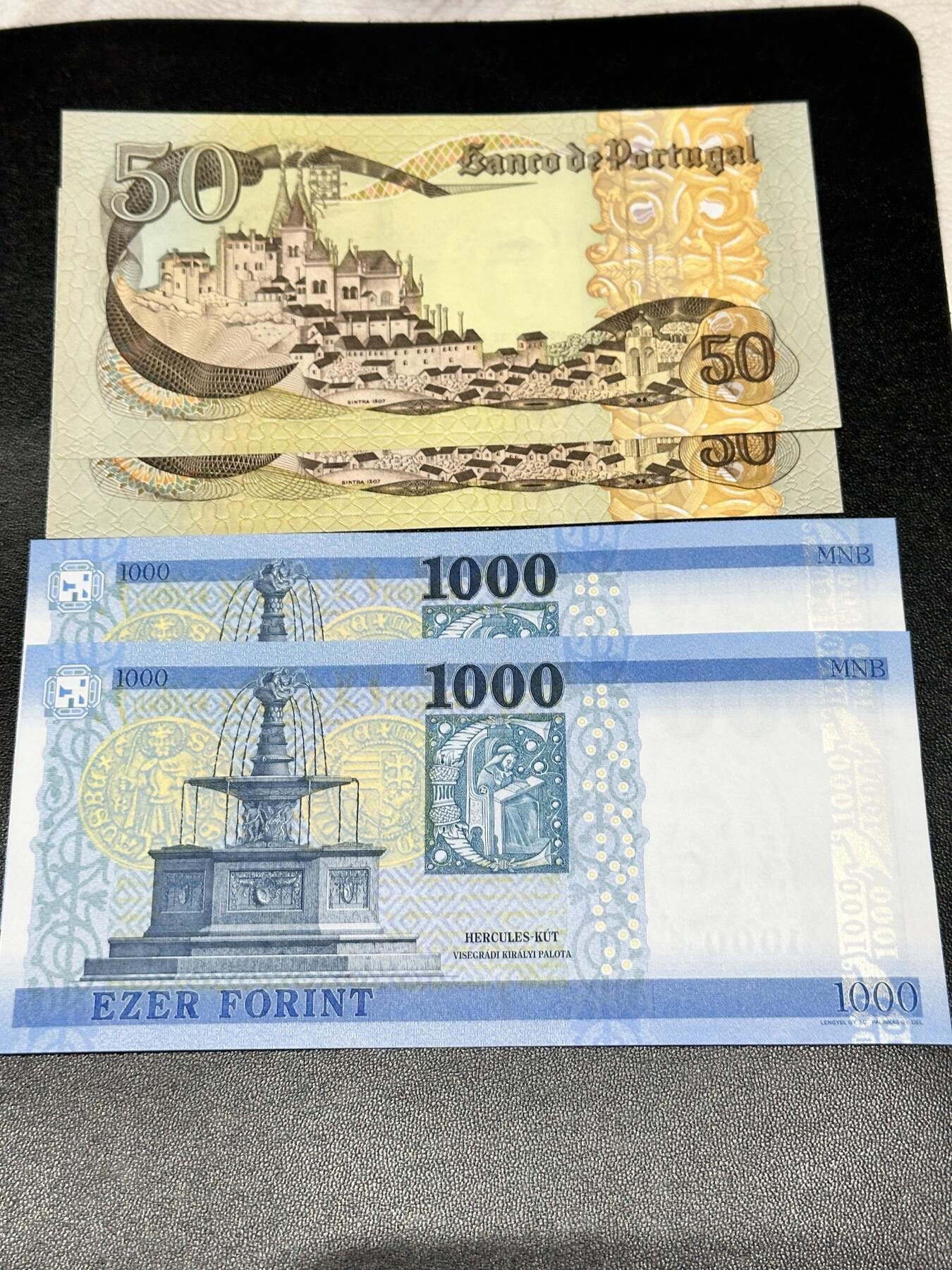 《外钞收藏家》第四百九十九期 葡萄牙50两张连号+匈牙利1000两张连号 四张一起 全新UNC