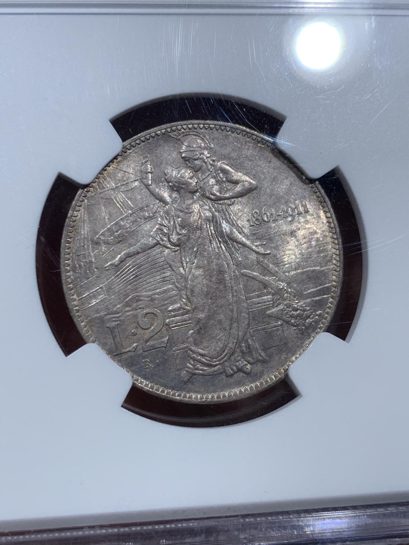 《竞宝斋》第361场 周日，周一  2场连拍 （全场包邮） NGC MS62 意大利 1911年 建国50周年 2里拉银币 上MS不容易