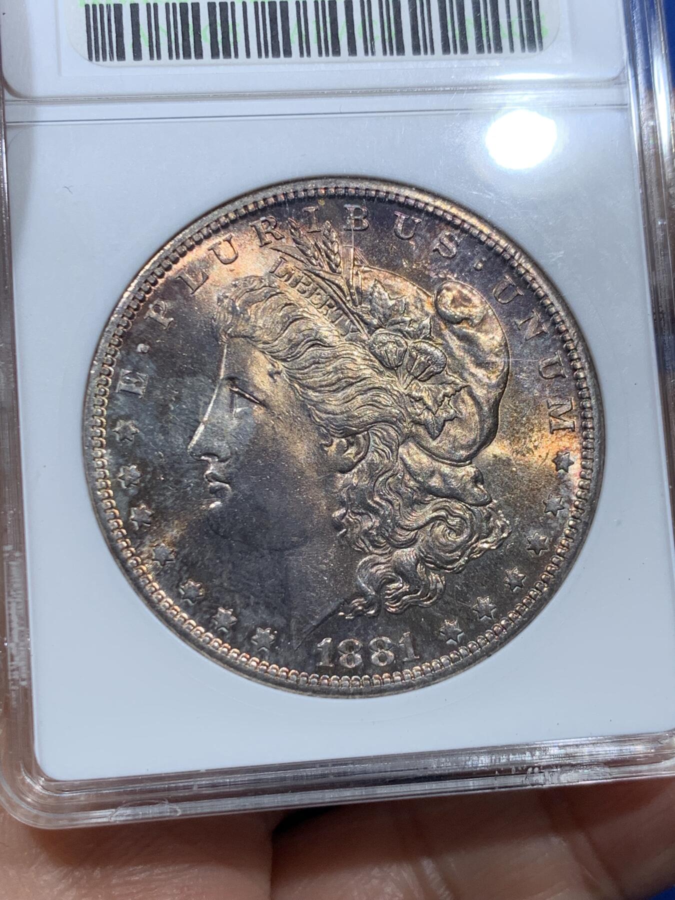 《竞宝斋》第361场 周日，周一  2场连拍 （全场包邮） ANACS MS64 美国 1881-S 摩根 OH 鹰面环状鲜红包浆 赏心悦目